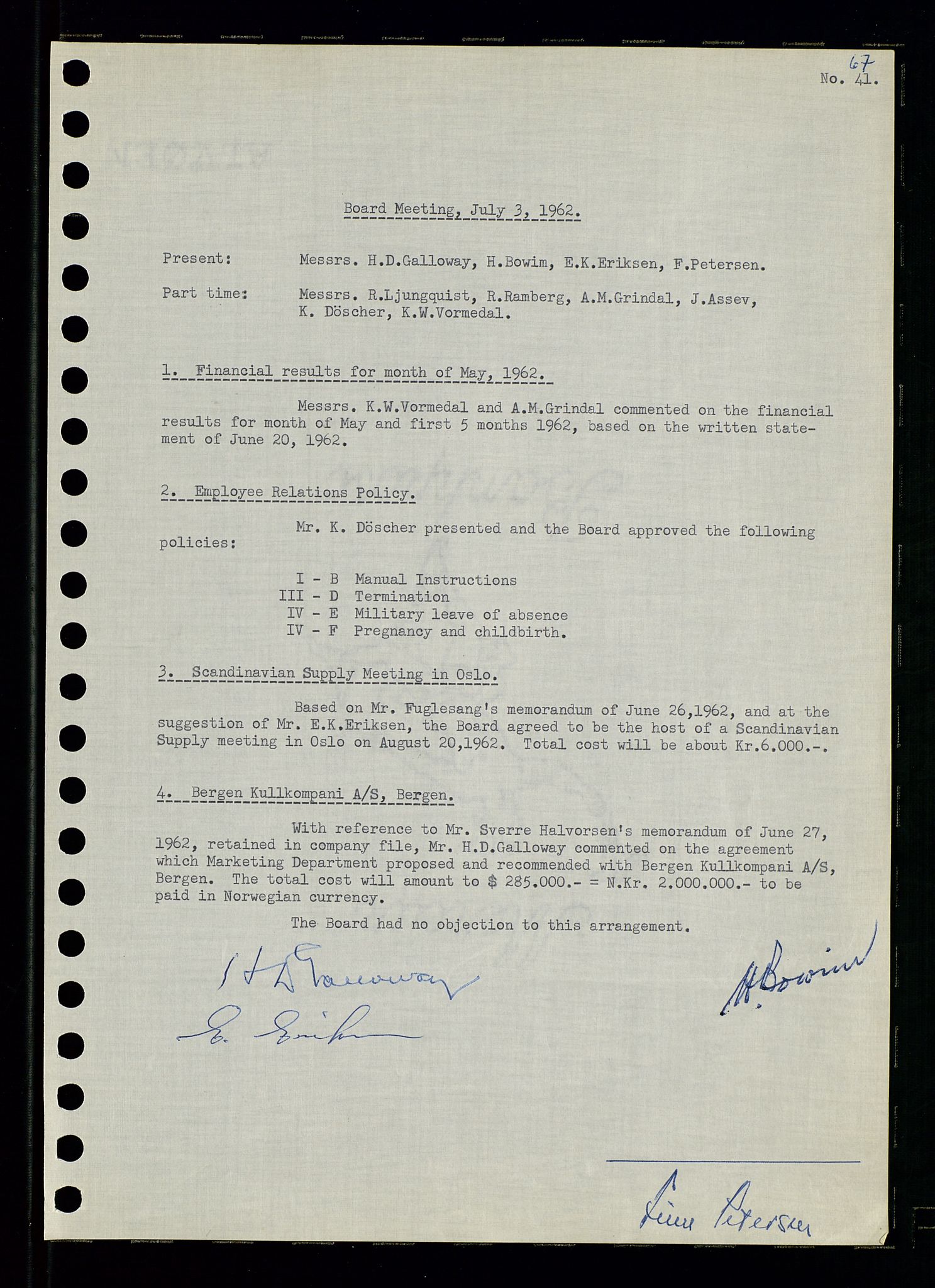 Pa 0982 - Esso Norge A/S, AV/SAST-A-100448/A/Aa/L0001/0003: Den administrerende direksjon Board minutes (styrereferater) / Den administrerende direksjon Board minutes (styrereferater), 1962, p. 67