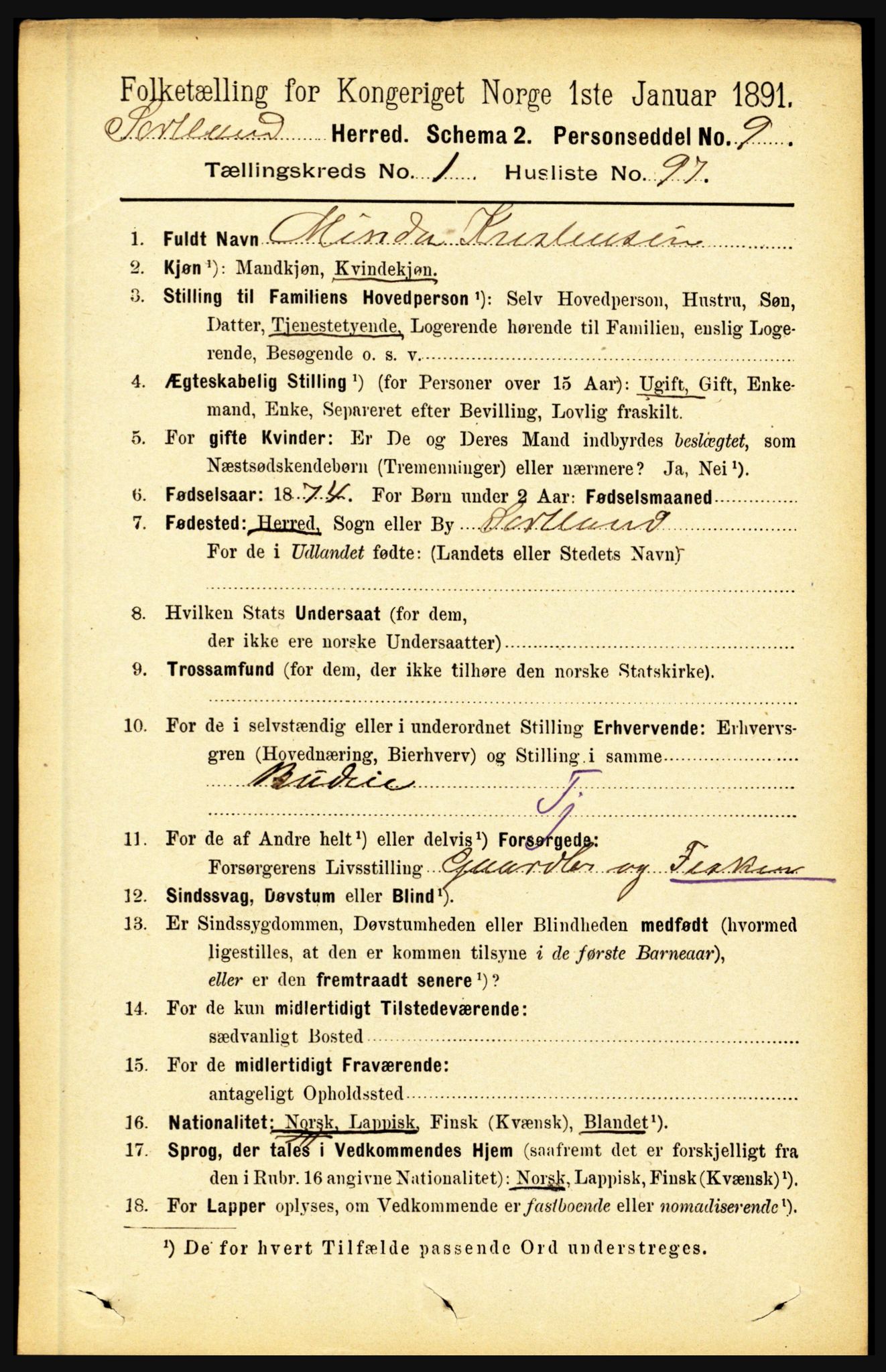 RA, 1891 census for 1870 Sortland, 1891, p. 787