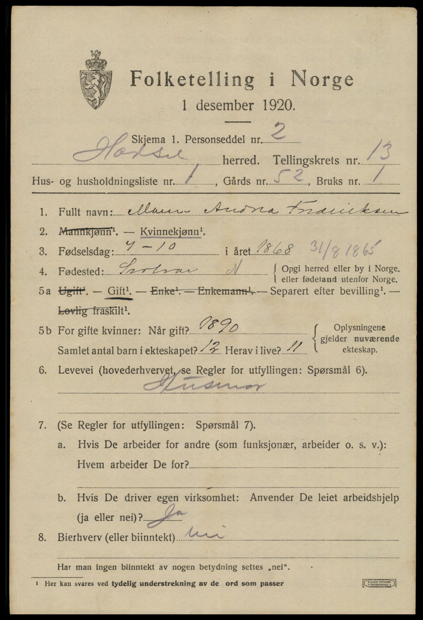 SAT, 1920 census for Hadsel, 1920, p. 9972