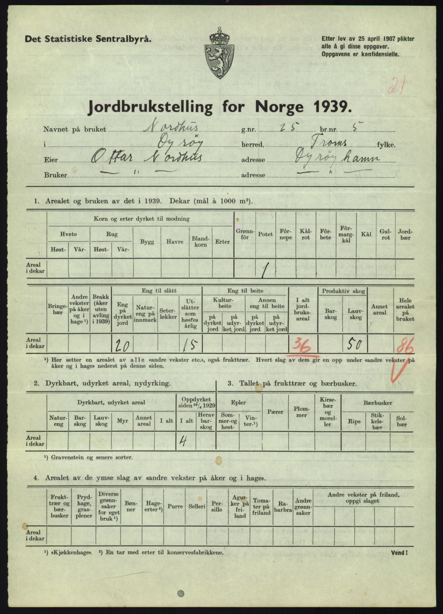 Statistisk sentralbyrå, Næringsøkonomiske emner, Jordbruk, skogbruk, jakt, fiske og fangst, AV/RA-S-2234/G/Gb/L0340: Troms: Salangen og Dyrøy, 1939, p. 1325