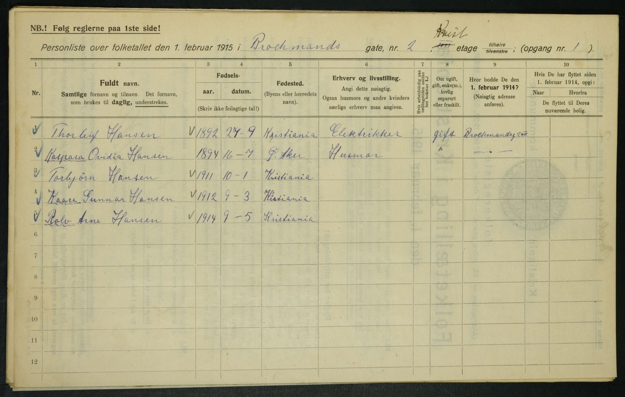 OBA, Municipal Census 1915 for Kristiania, 1915, p. 9561