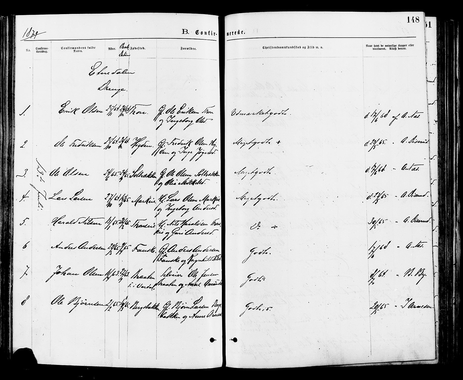 Nord-Aurdal prestekontor, SAH/PREST-132/H/Ha/Haa/L0009: Parish register (official) no. 9, 1876-1882, p. 148