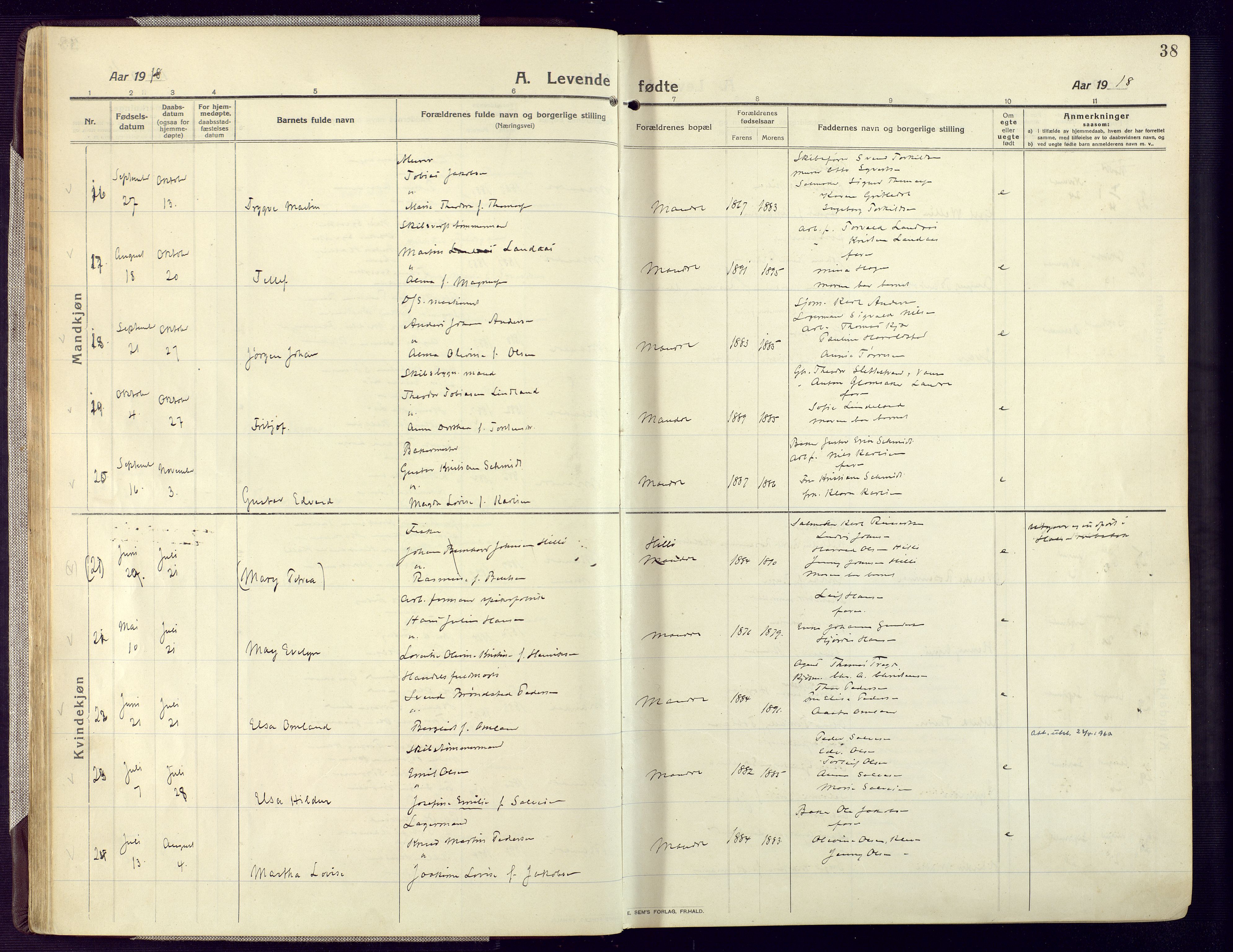 Mandal sokneprestkontor, AV/SAK-1111-0030/F/Fa/Fac/L0001: Parish register (official) no. A 1, 1913-1925, p. 38