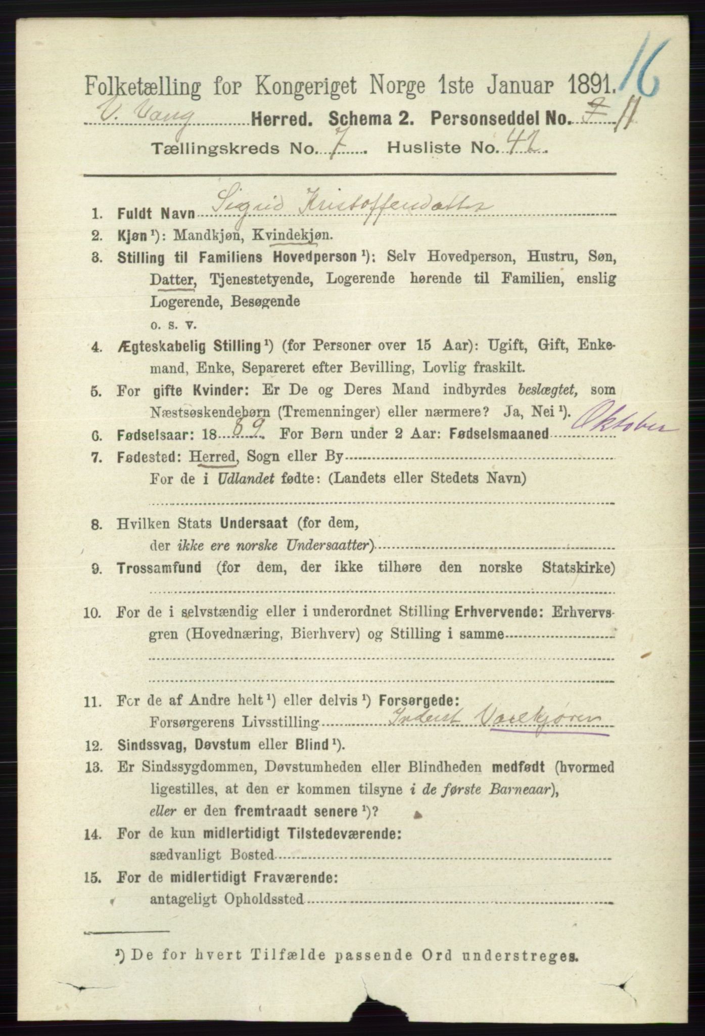 RA, 1891 census for 0545 Vang, 1891, p. 1690