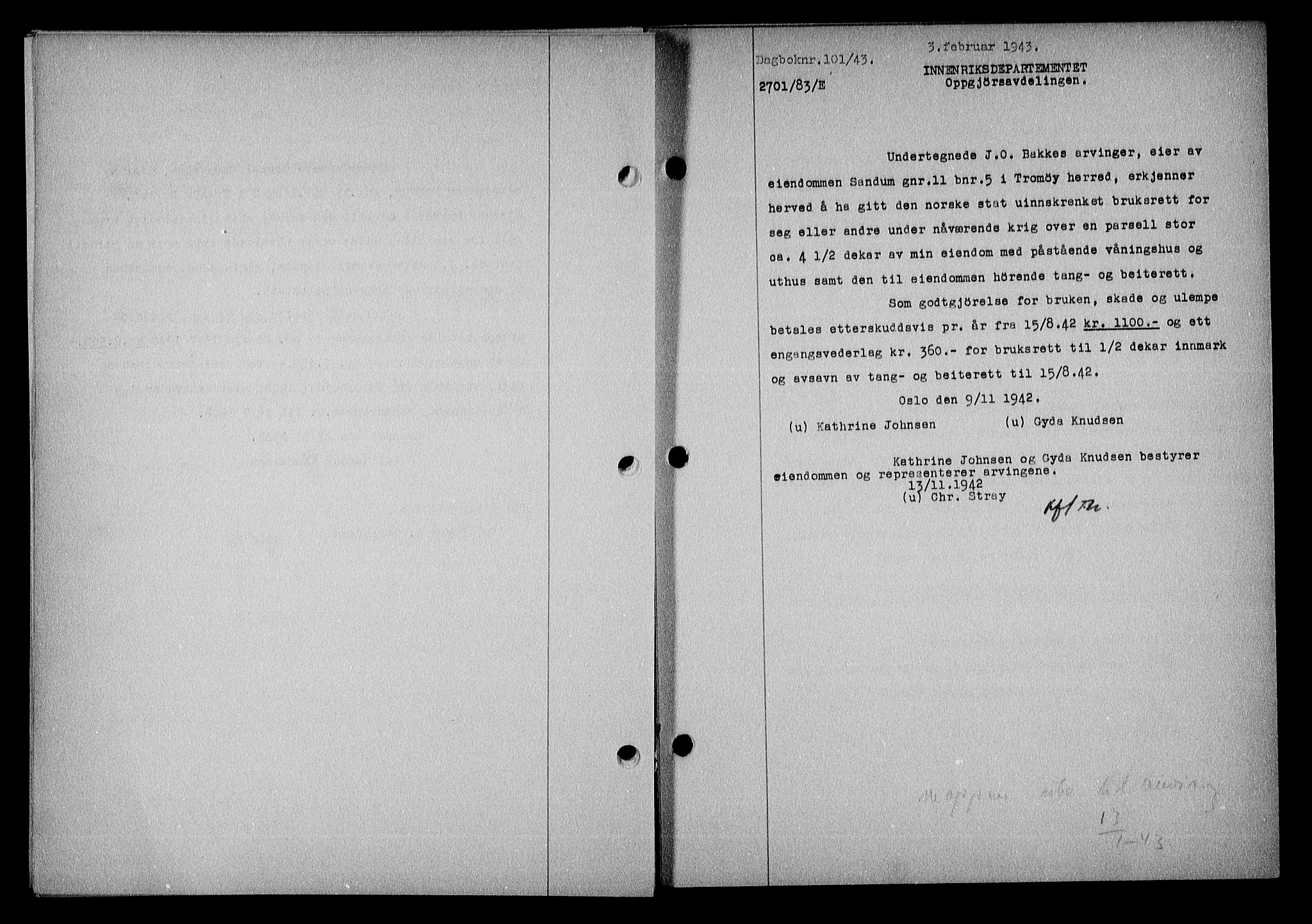 Nedenes sorenskriveri, SAK/1221-0006/G/Gb/Gba/L0050: Mortgage book no. A-IV, 1942-1943, Diary no: : 101/1943