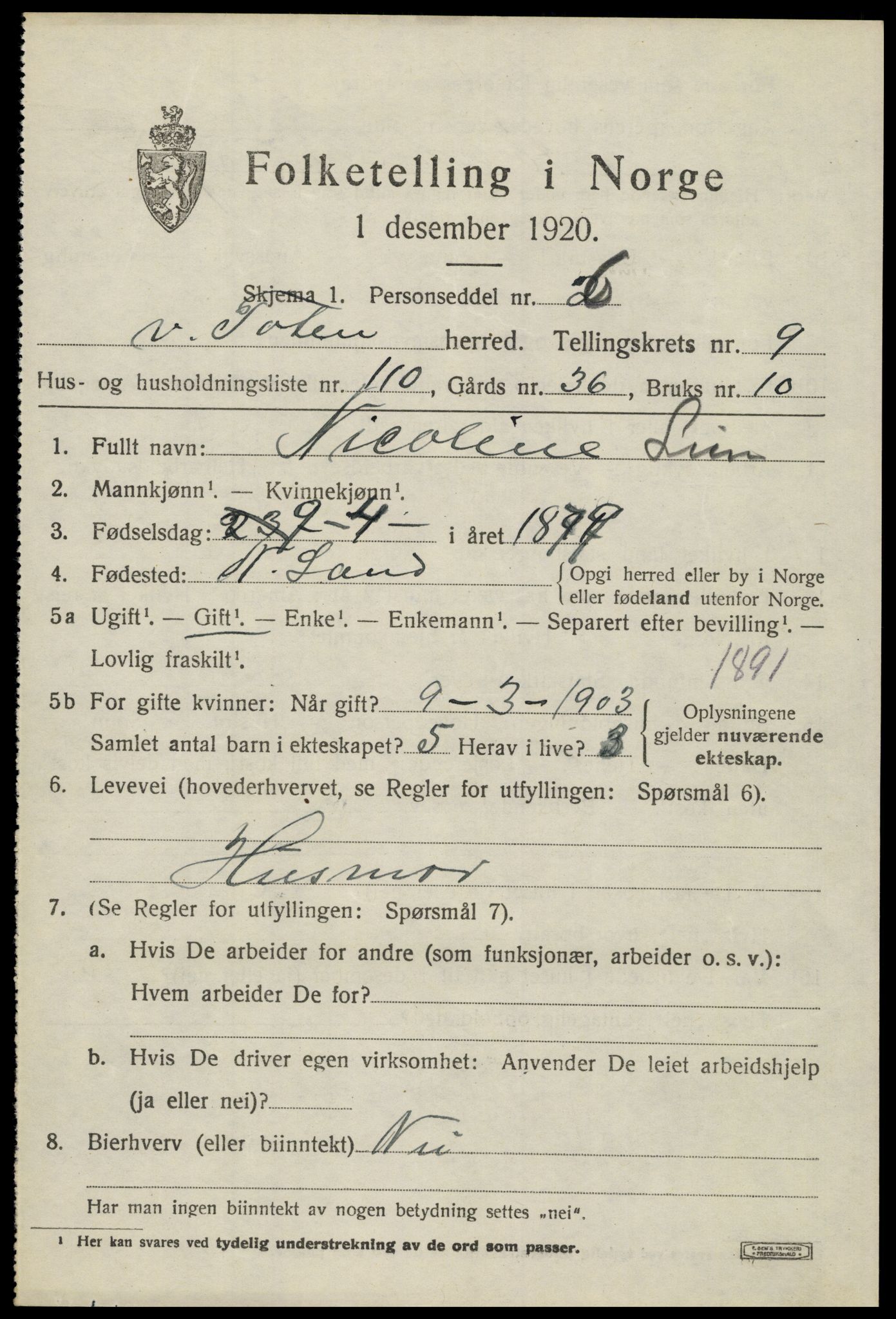 SAH, 1920 census for Vestre Toten, 1920, p. 12986