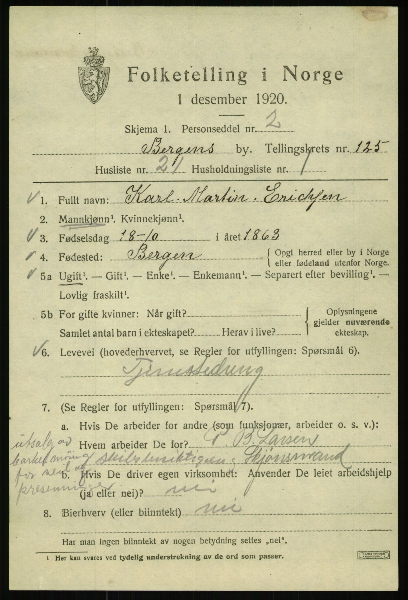 SAB, 1920 census for Bergen, 1920, p. 211416