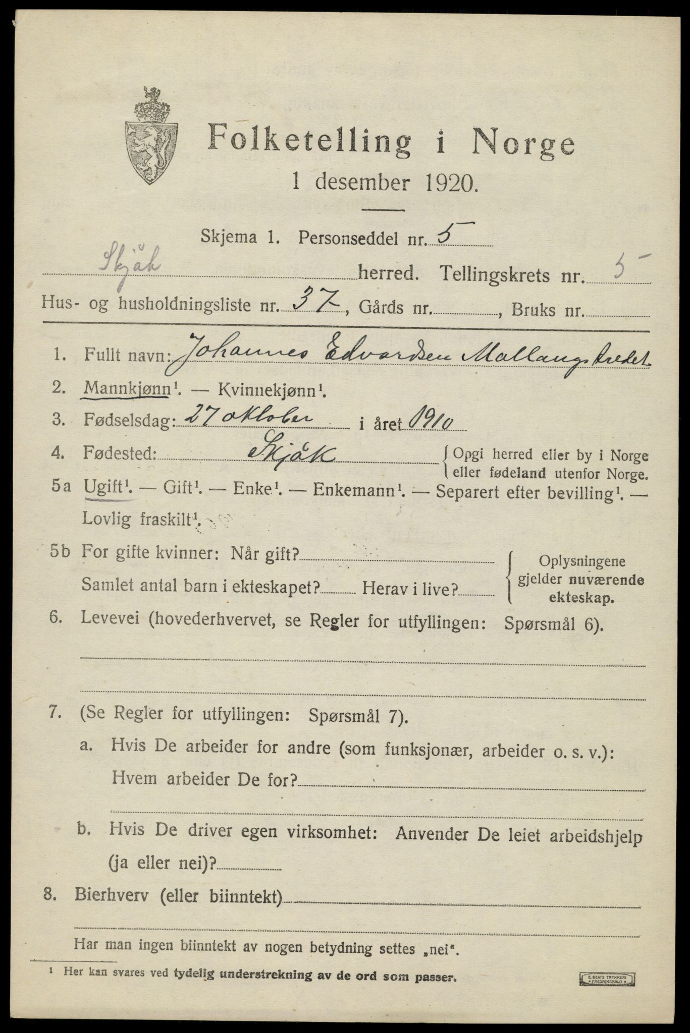 SAH, 1920 census for Skjåk, 1920, p. 2992