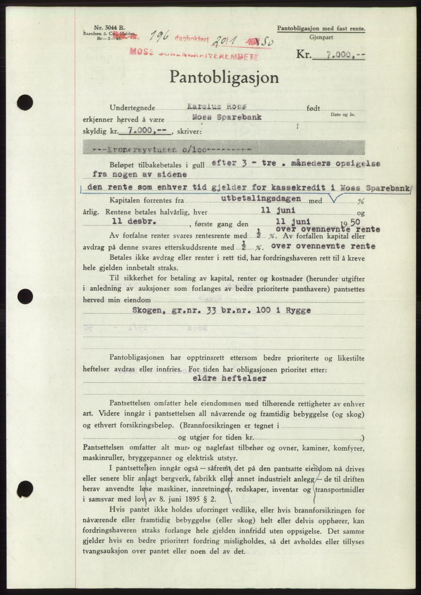 Moss sorenskriveri, SAO/A-10168: Mortgage book no. B23, 1949-1950, Diary no: : 196/1950