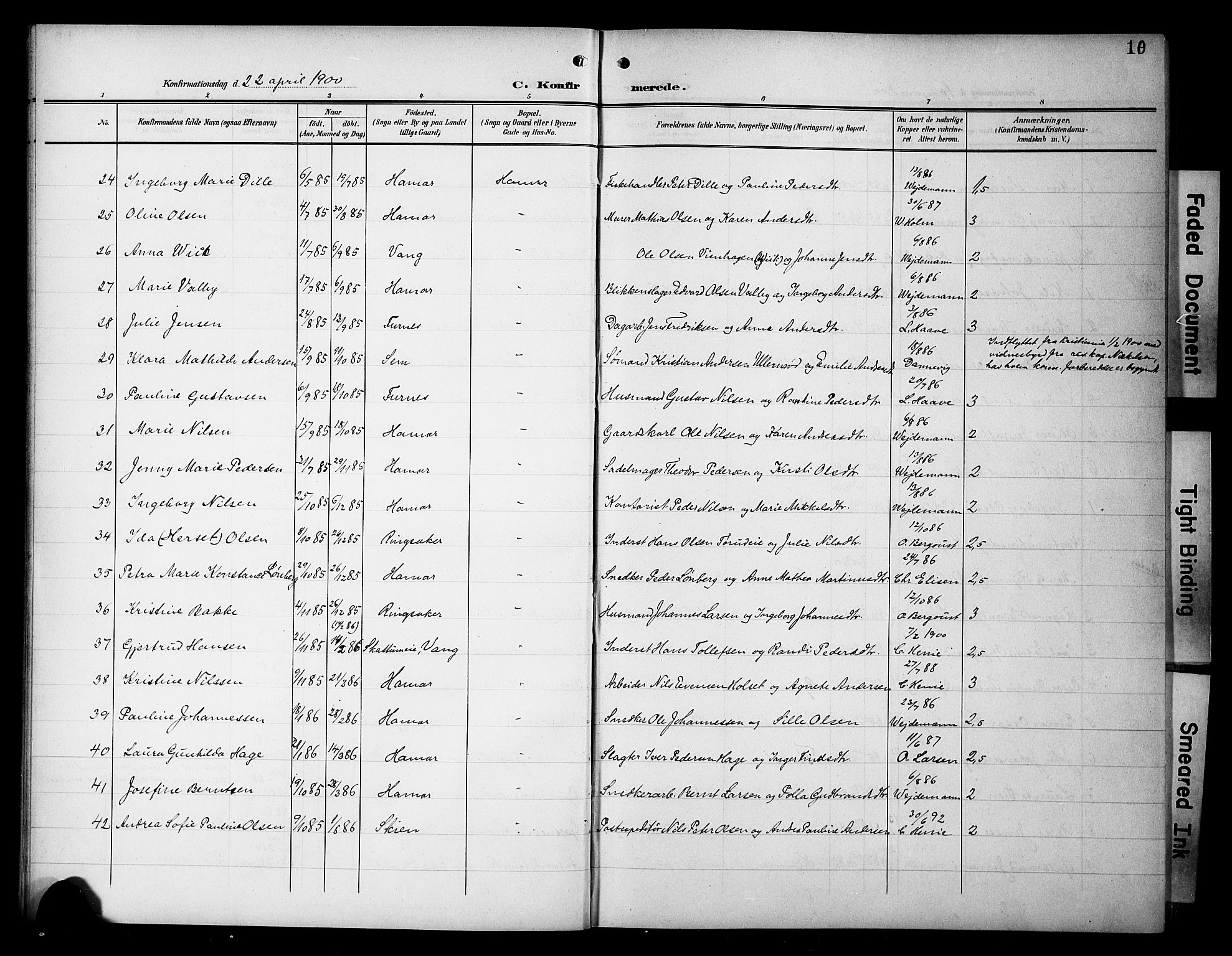 Hamar prestekontor, SAH/DOMPH-002/H/Ha/Hab/L0002: Parish register (copy) no. 2, 1899-1929, p. 10