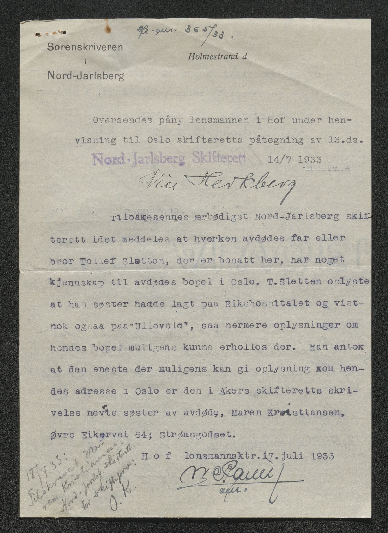 Eiker, Modum og Sigdal sorenskriveri, SAKO/A-123/H/Ha/Hab/L0048: Dødsfallsmeldinger, 1933, p. 468