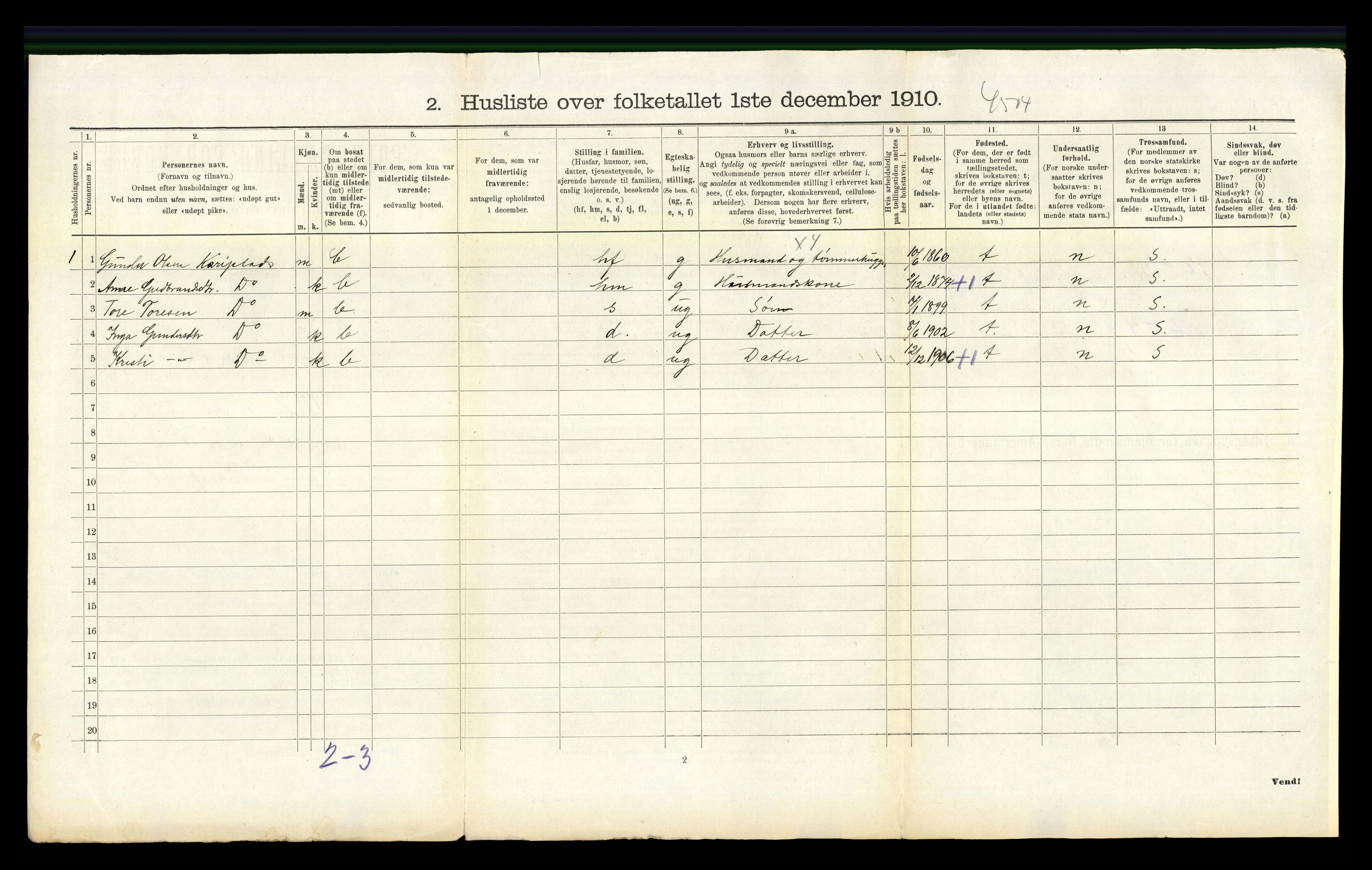 RA, 1910 census for Uvdal, 1910, p. 318