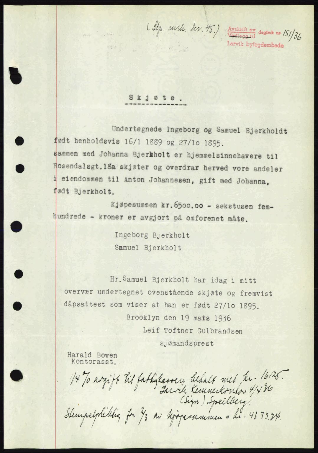 Larvik sorenskriveri, SAKO/A-83/G/Ga/Gab/L0067: Mortgage book no. A-1, 1936-1937, Diary no: : 151/1936