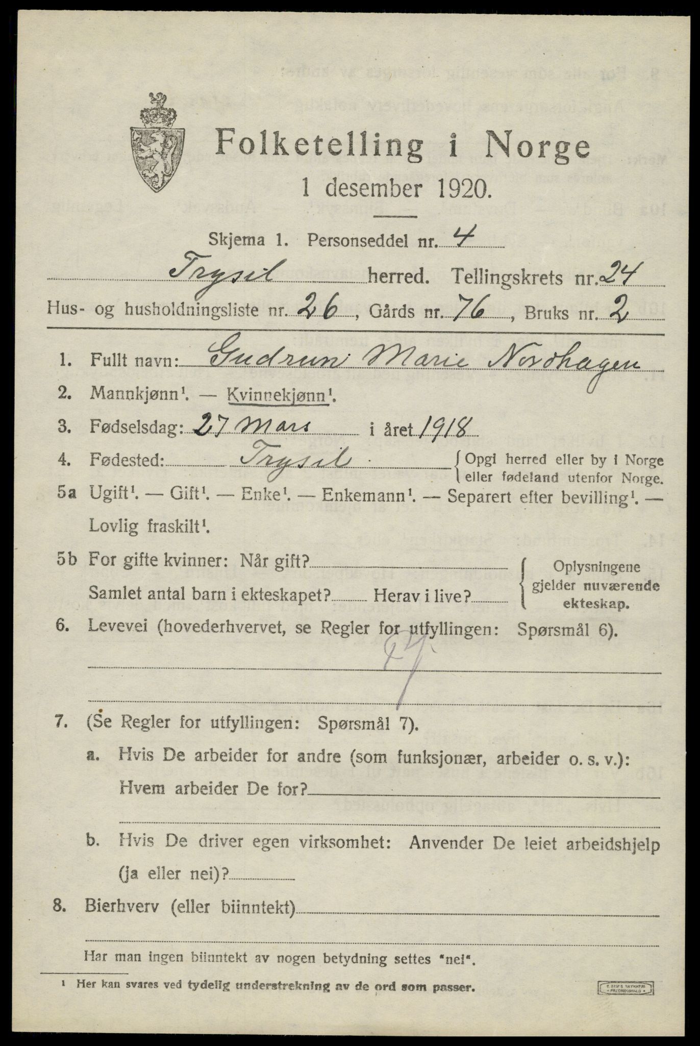 SAH, 1920 census for Trysil, 1920, p. 15531