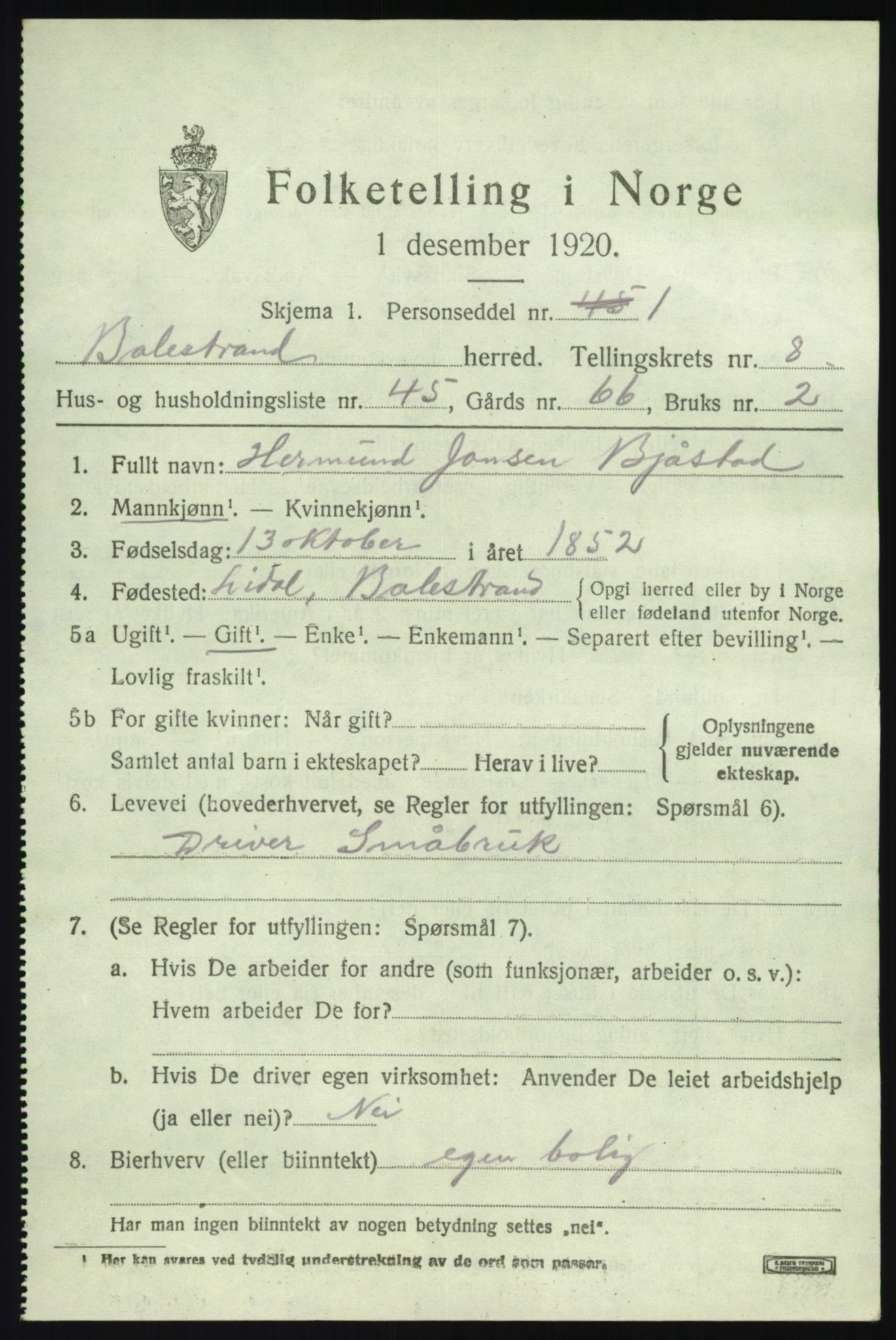 SAB, 1920 census for Balestrand, 1920, p. 3916