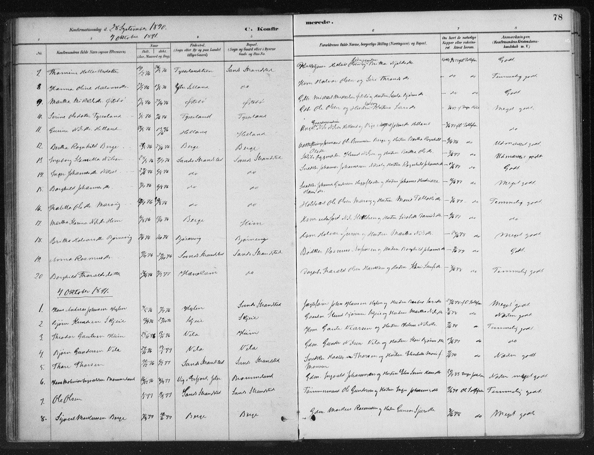 Sand sokneprestkontor, SAST/A-101848/01/III/L0005: Parish register (official) no. A 5, 1880-1898, p. 78