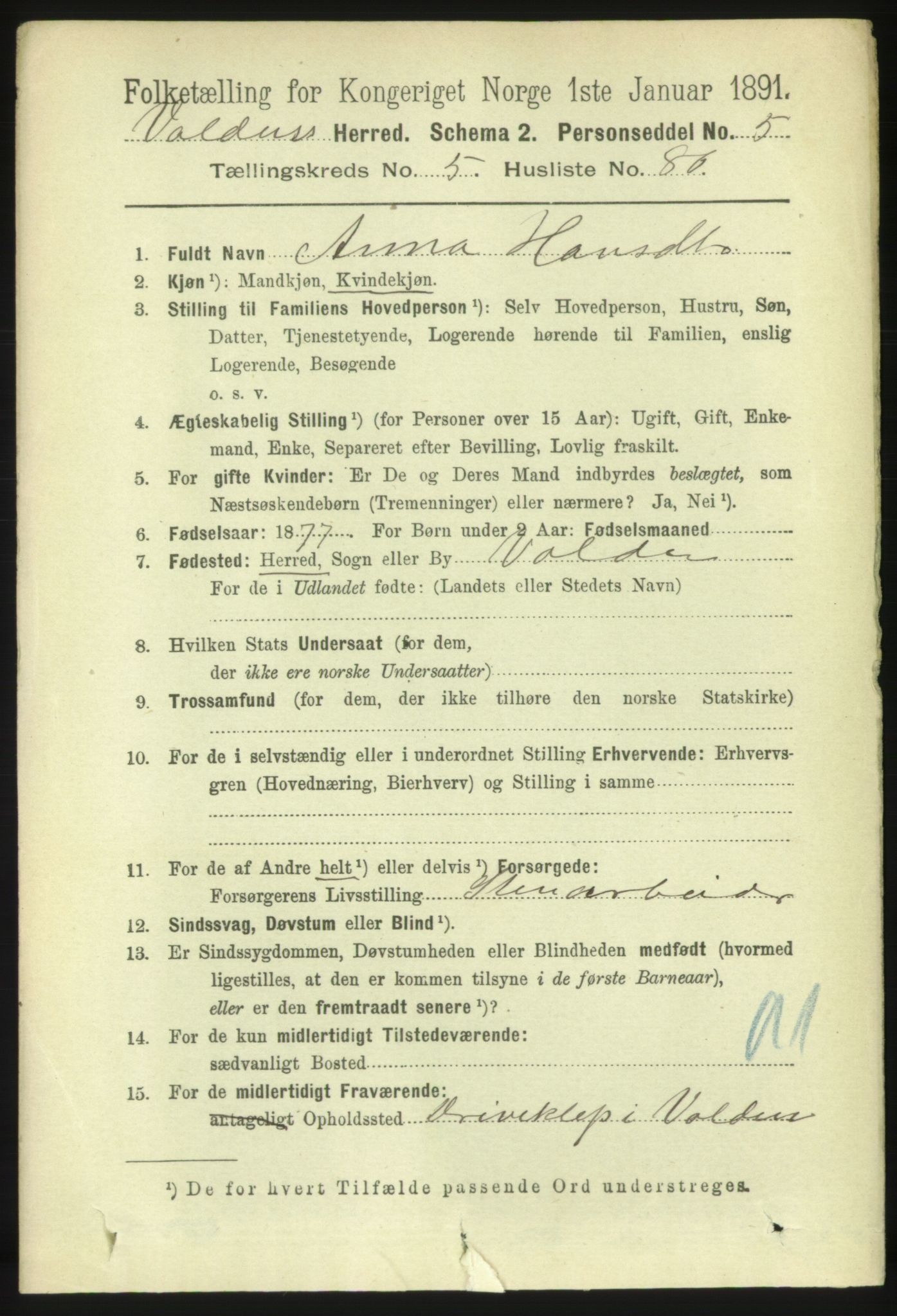 RA, 1891 census for 1519 Volda, 1891, p. 2789