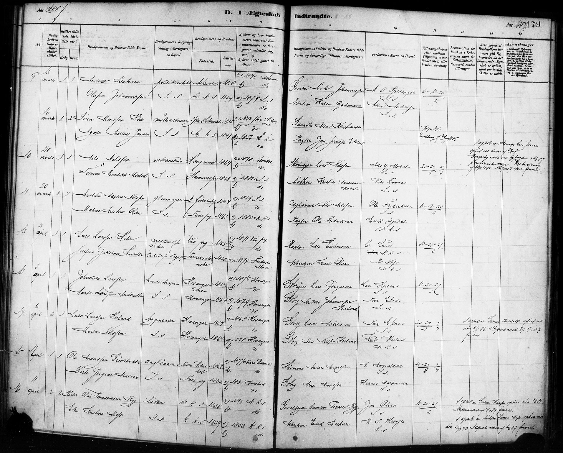 Sandviken Sokneprestembete, AV/SAB-A-77601/H/Ha/L0002: Parish register (official) no. A 2, 1878-1896, p. 179