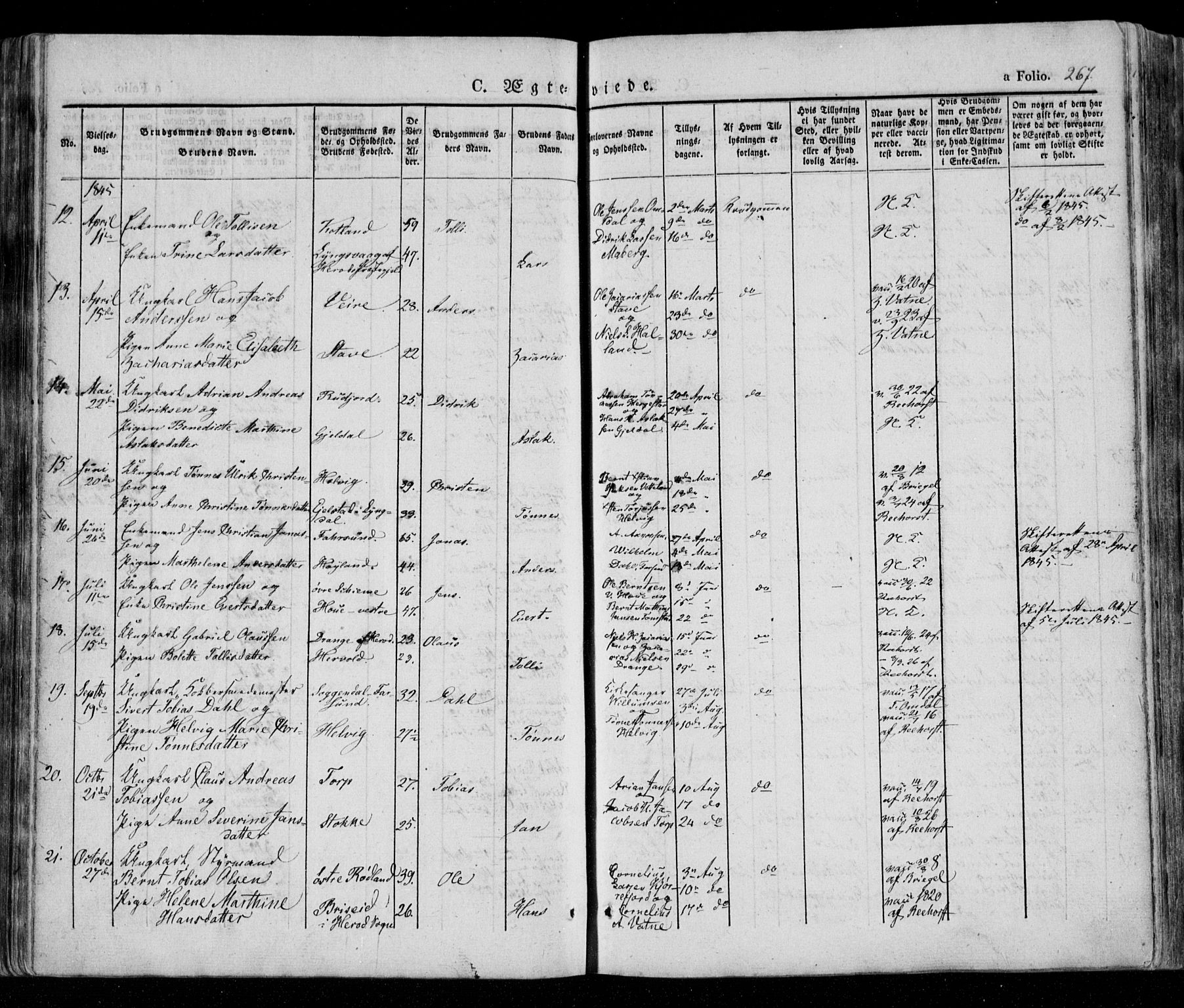 Lista sokneprestkontor, AV/SAK-1111-0027/F/Fa/L0009: Parish register (official) no. A 9, 1835-1846, p. 267