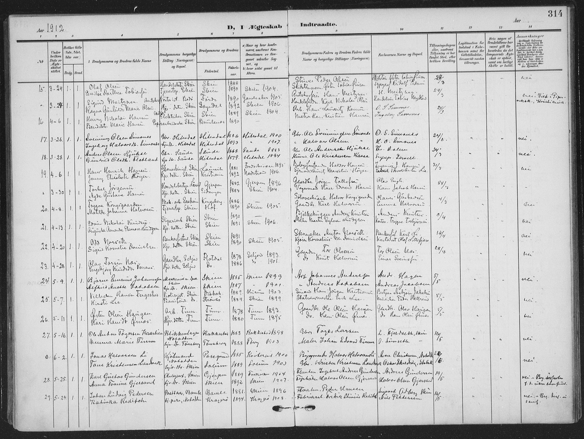 Skien kirkebøker, SAKO/A-302/F/Fa/L0012: Parish register (official) no. 12, 1908-1914, p. 314