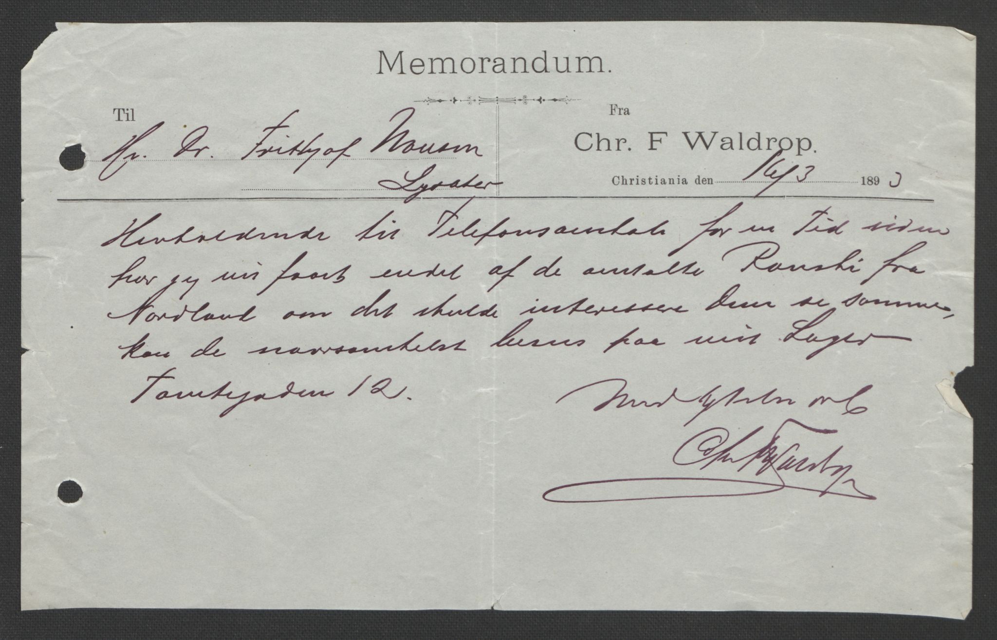 Arbeidskomitéen for Fridtjof Nansens polarekspedisjon, AV/RA-PA-0061/D/L0004: Innk. brev og telegrammer vedr. proviant og utrustning, 1892-1893, p. 812