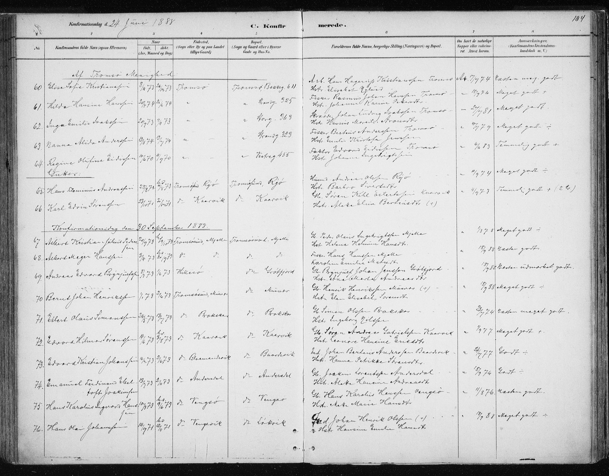 Tromsøysund sokneprestkontor, AV/SATØ-S-1304/G/Ga/L0004kirke: Parish register (official) no. 4, 1880-1888, p. 164