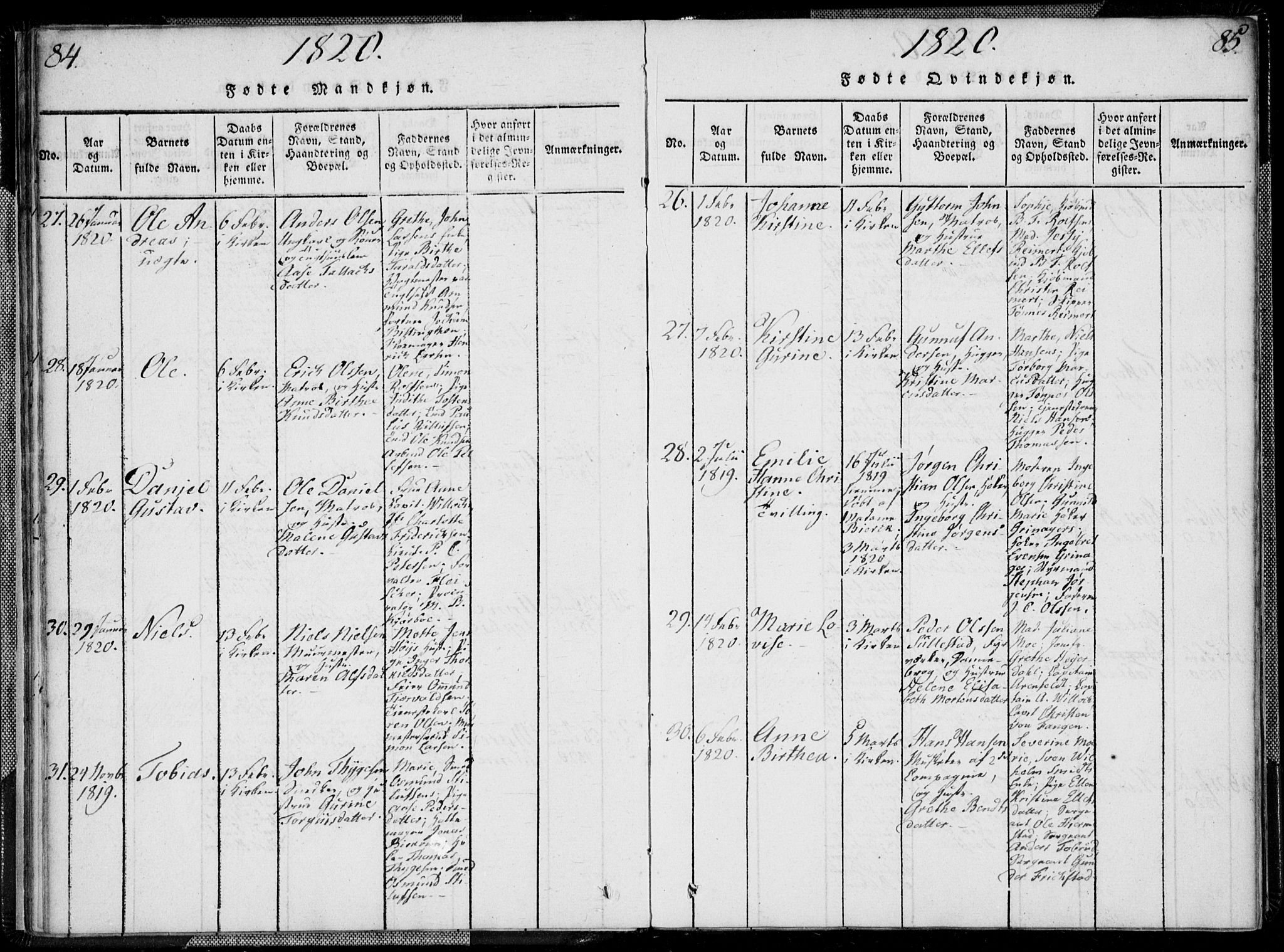 Kristiansand domprosti, AV/SAK-1112-0006/F/Fa/L0008: Parish register (official) no. A 8, 1818-1821, p. 84-85