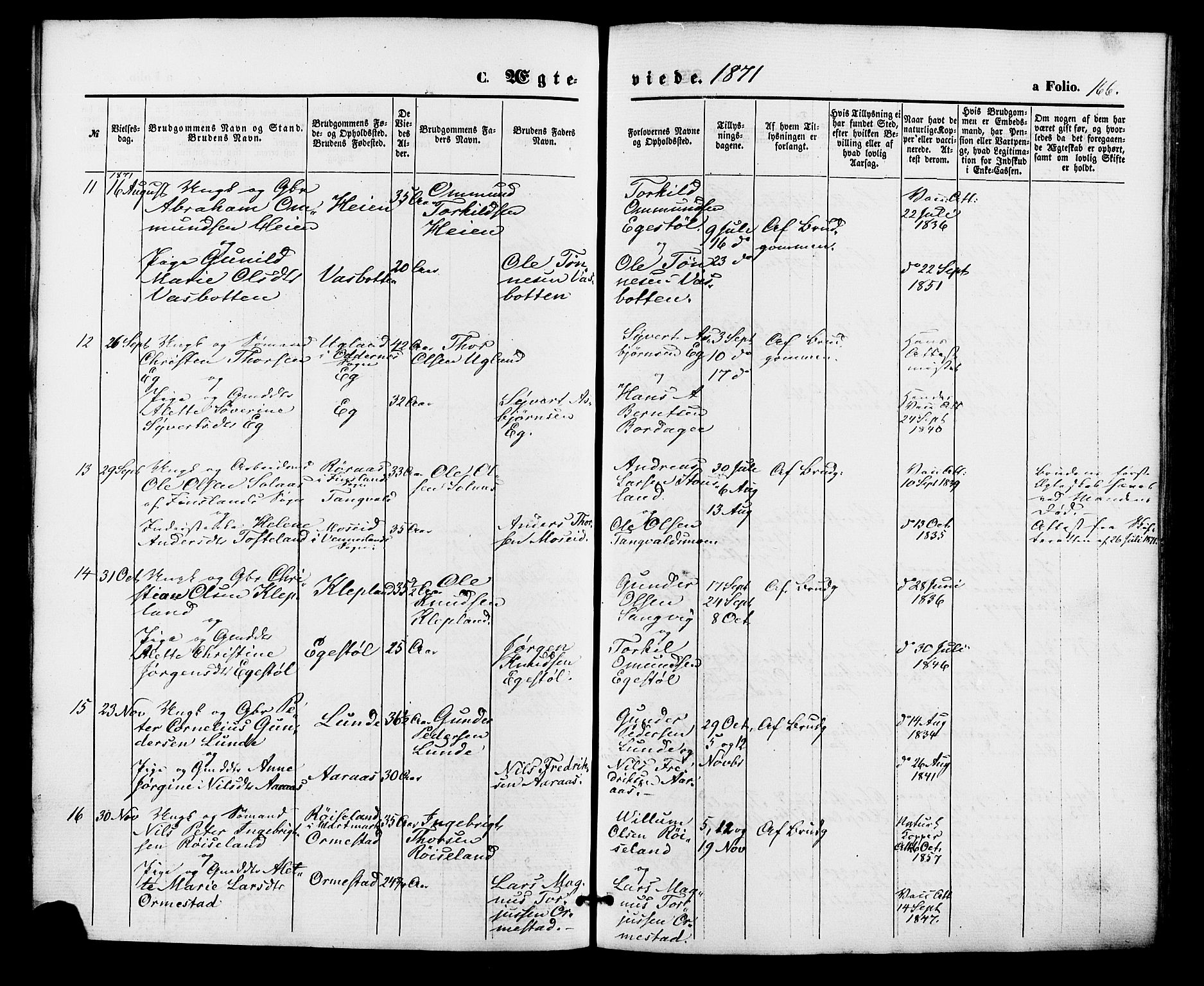 Søgne sokneprestkontor, AV/SAK-1111-0037/F/Fa/Fab/L0011: Parish register (official) no. A 11, 1869-1879, p. 166