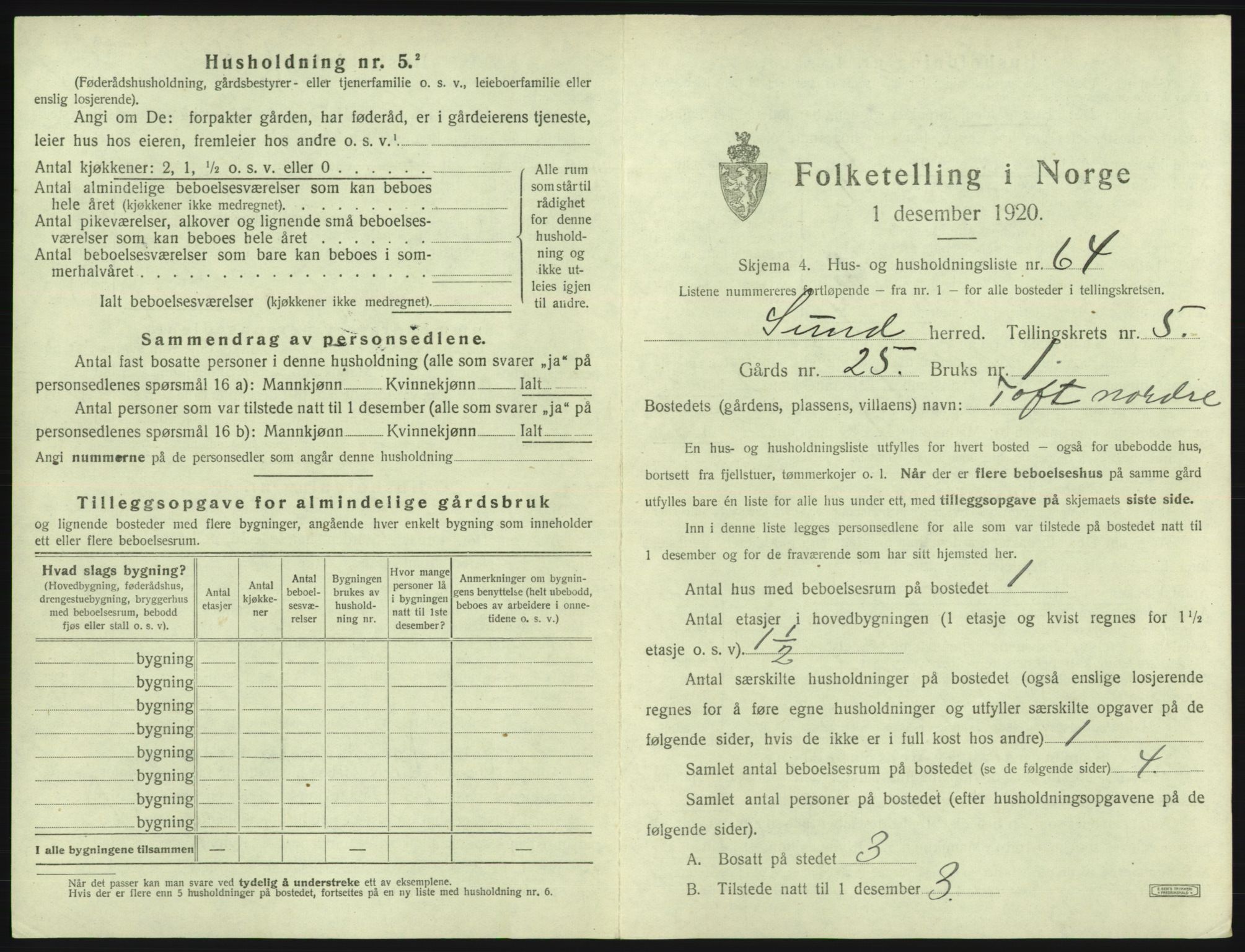 SAB, 1920 census for Sund, 1920, p. 496