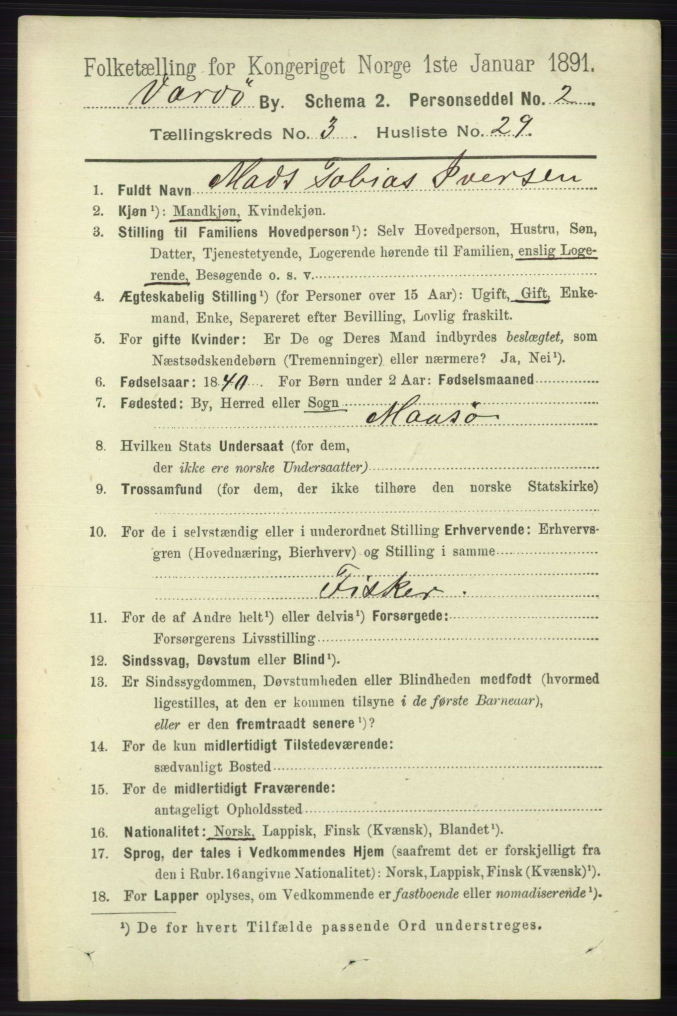 RA, 1891 census for 2002 Vardø, 1891, p. 1851