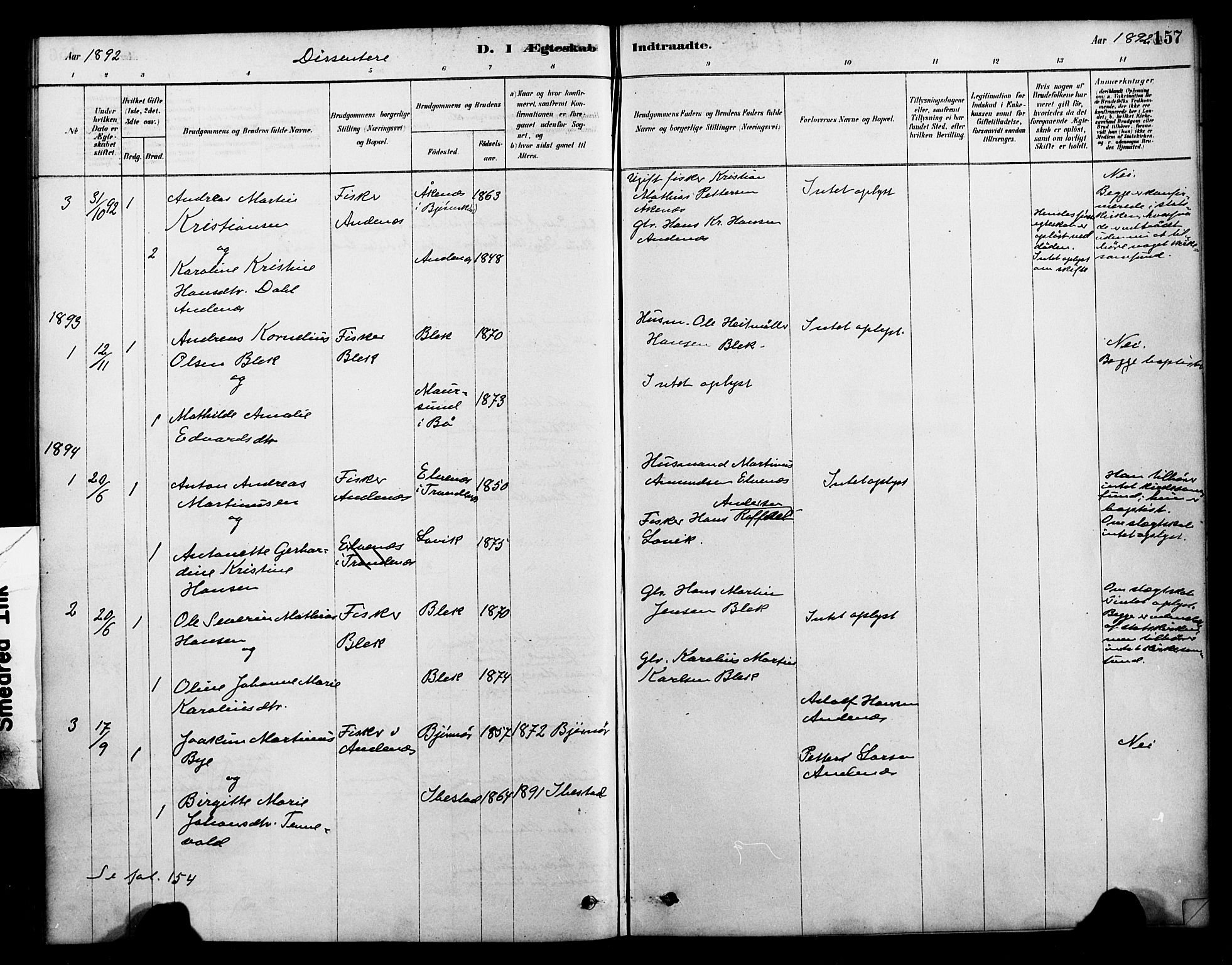 Ministerialprotokoller, klokkerbøker og fødselsregistre - Nordland, SAT/A-1459/899/L1436: Parish register (official) no. 899A04, 1881-1896, p. 157