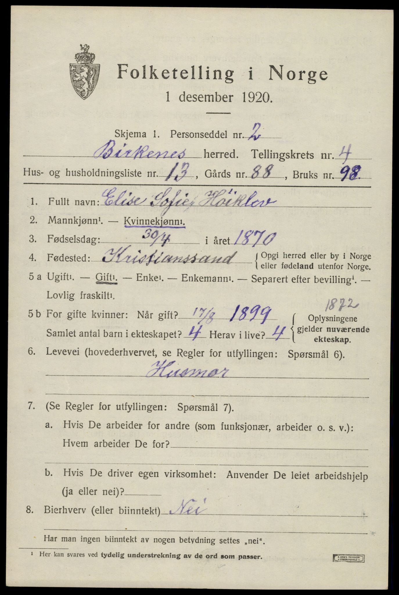 SAK, 1920 census for Birkenes, 1920, p. 1921