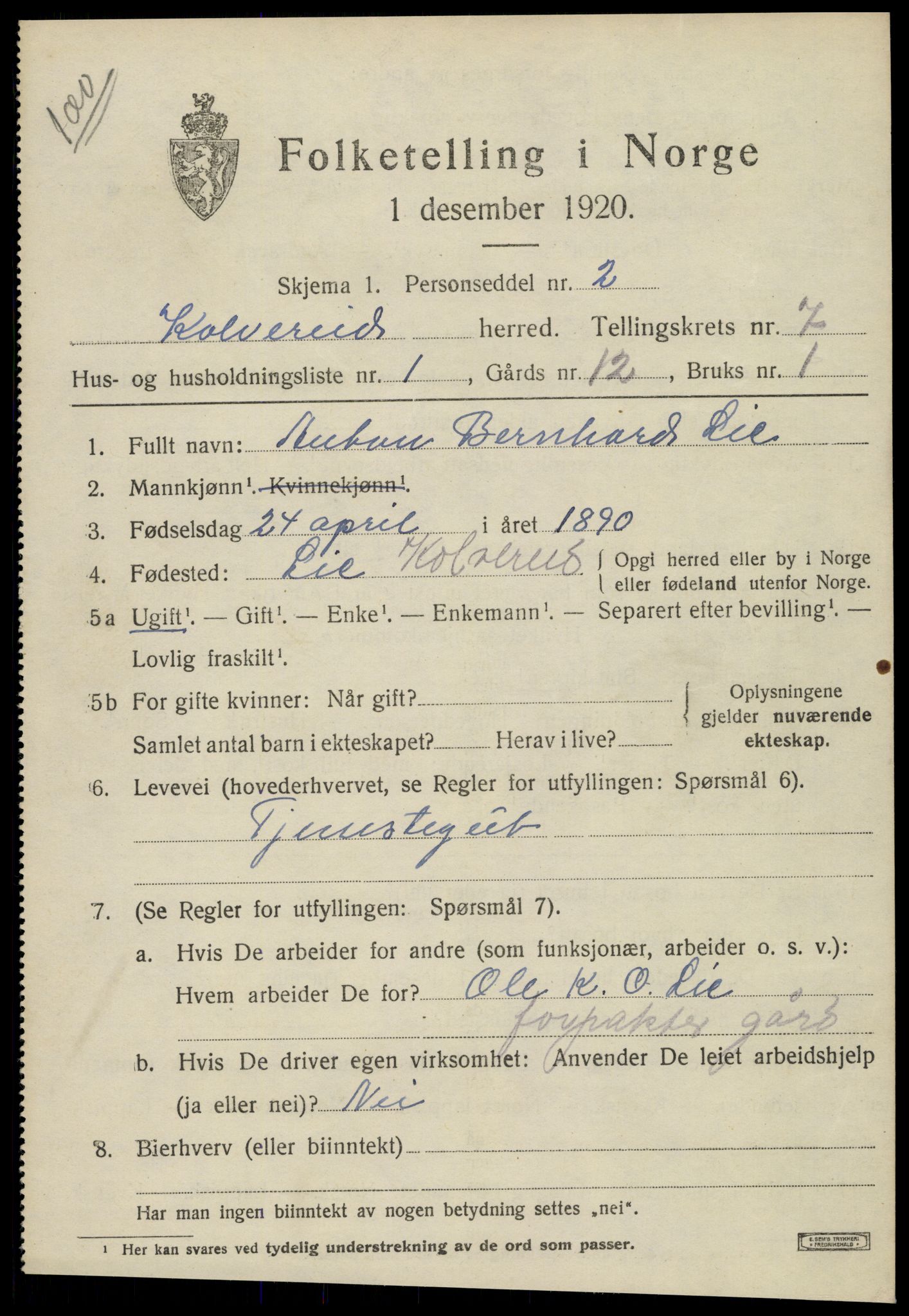 SAT, 1920 census for Kolvereid, 1920, p. 3935