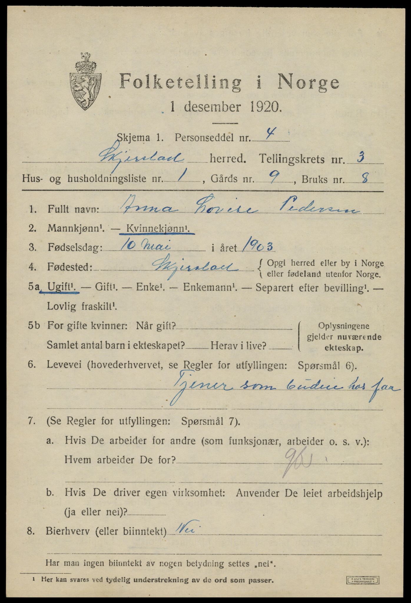 SAT, 1920 census for Skjerstad, 1920, p. 1219