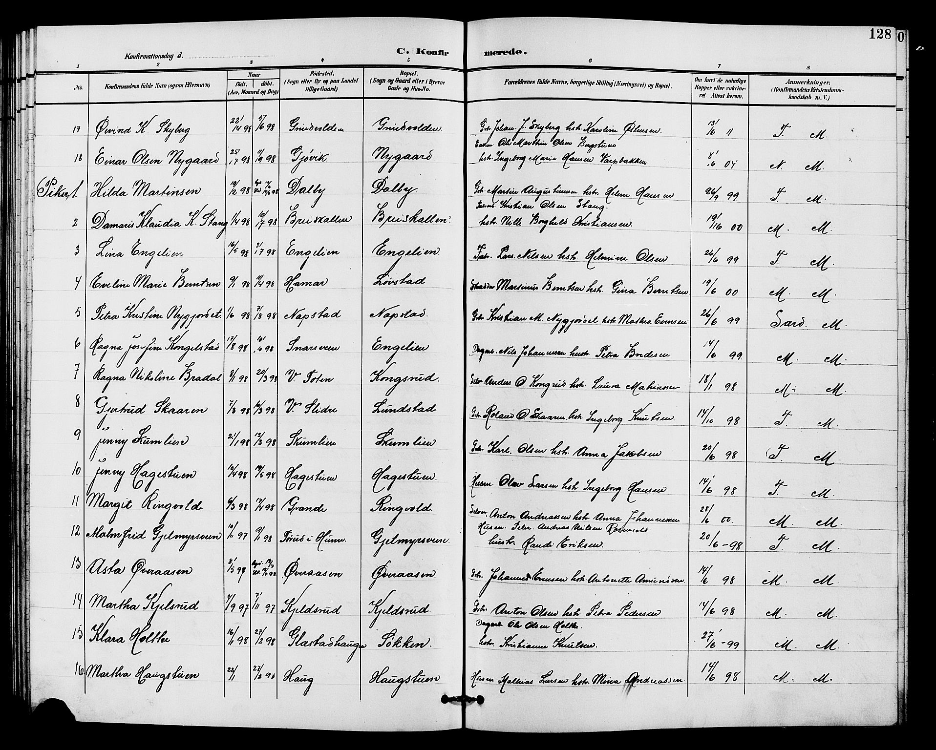 Vardal prestekontor, AV/SAH-PREST-100/H/Ha/Hab/L0011: Parish register (copy) no. 11, 1899-1913, p. 128