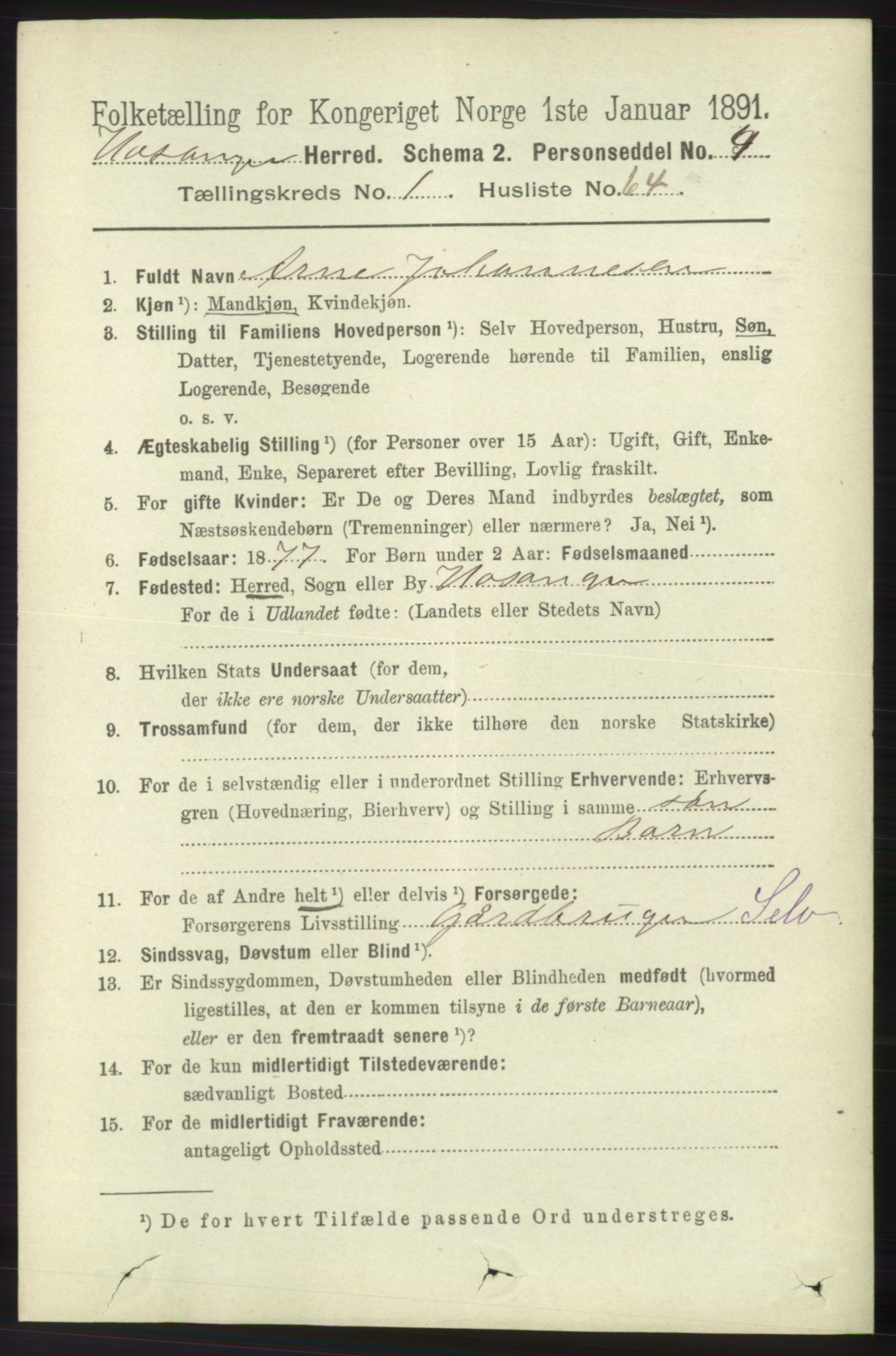 RA, 1891 census for 1253 Hosanger, 1891, p. 507