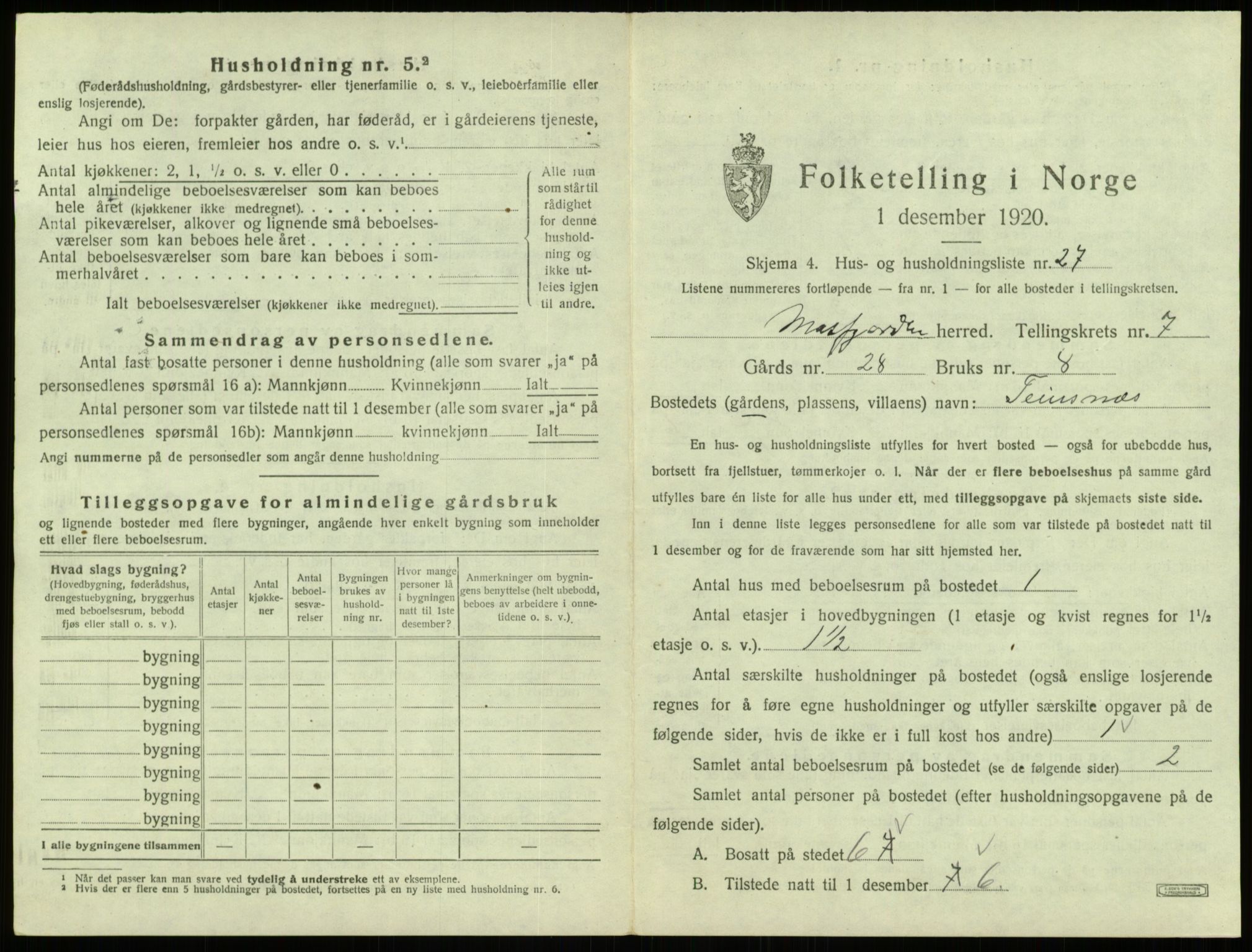 SAB, 1920 census for Masfjorden, 1920, p. 374