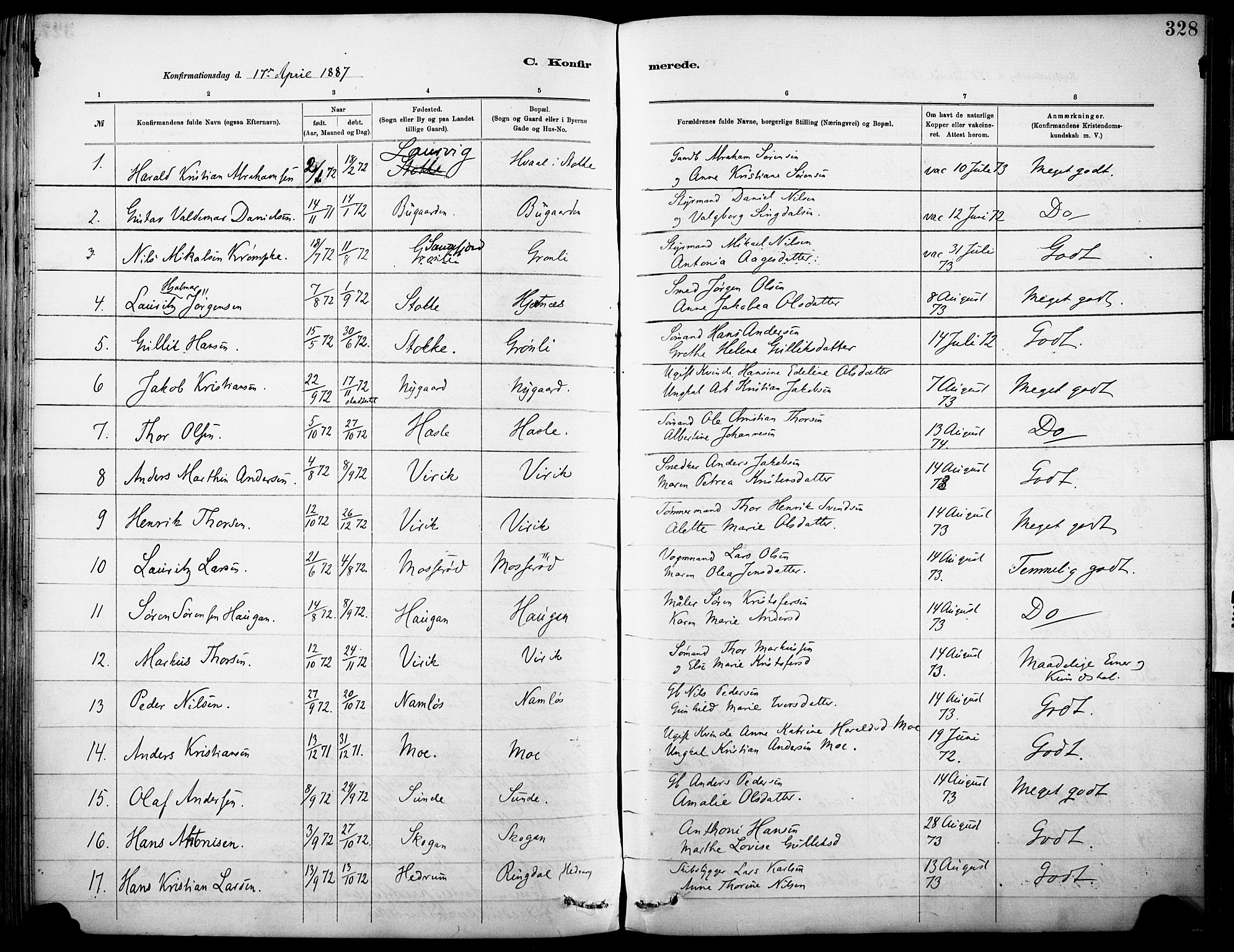 Sandar kirkebøker, SAKO/A-243/F/Fa/L0012: Parish register (official) no. 12, 1883-1895, p. 328
