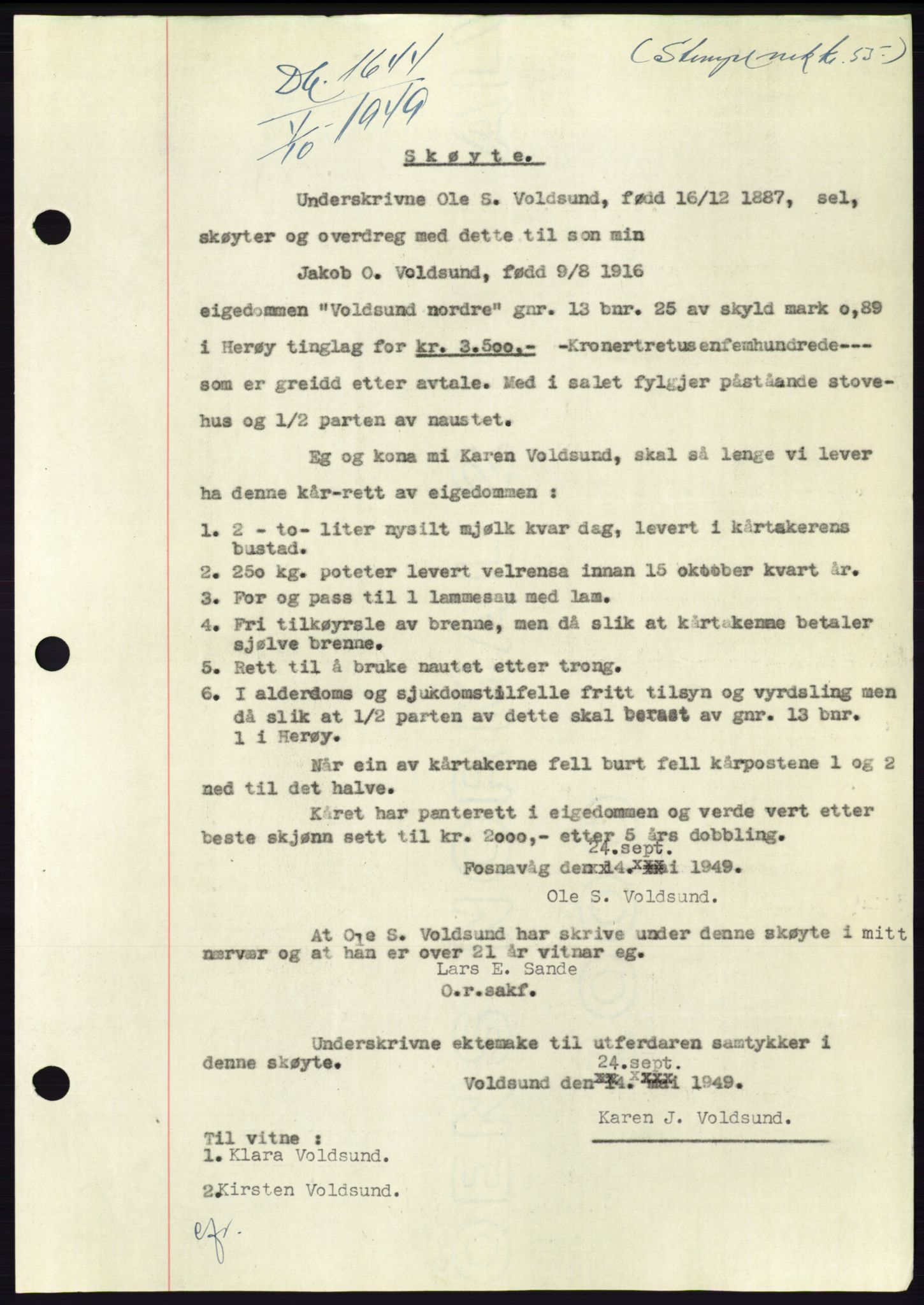 Søre Sunnmøre sorenskriveri, AV/SAT-A-4122/1/2/2C/L0085: Mortgage book no. 11A, 1949-1949, Diary no: : 1644/1949