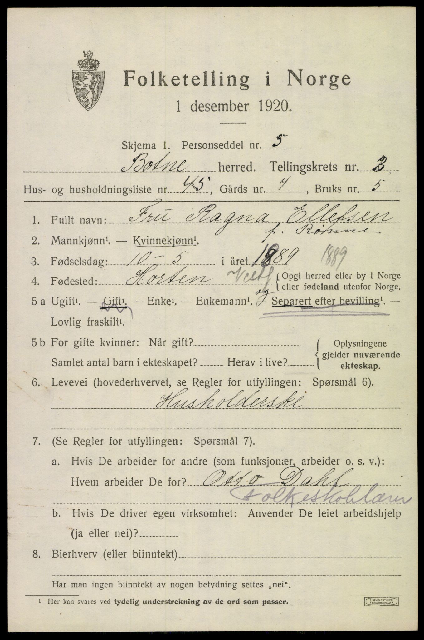 SAKO, 1920 census for Botne, 1920, p. 3581