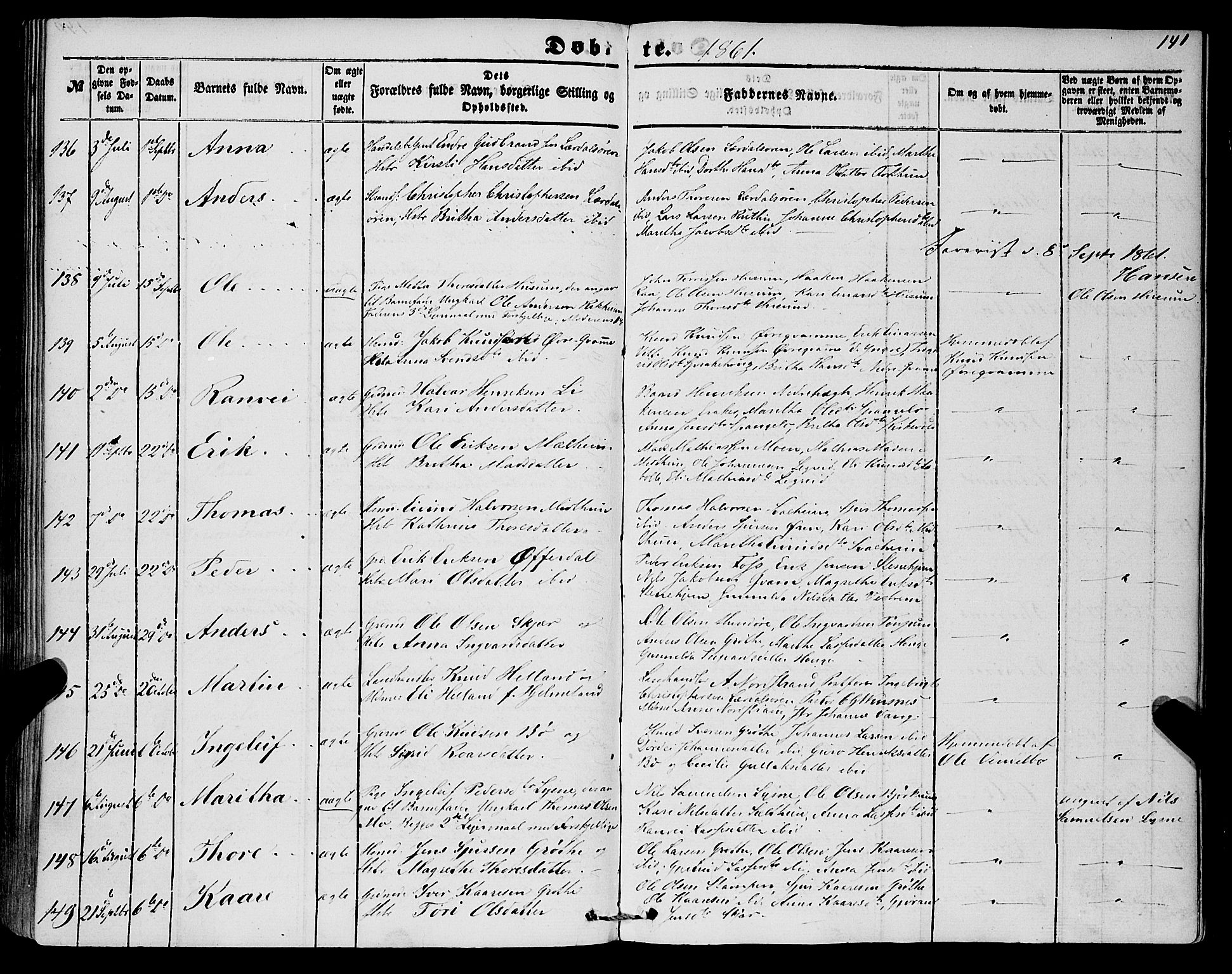 Lærdal sokneprestembete, AV/SAB-A-81201: Parish register (official) no. A 11, 1850-1866, p. 141