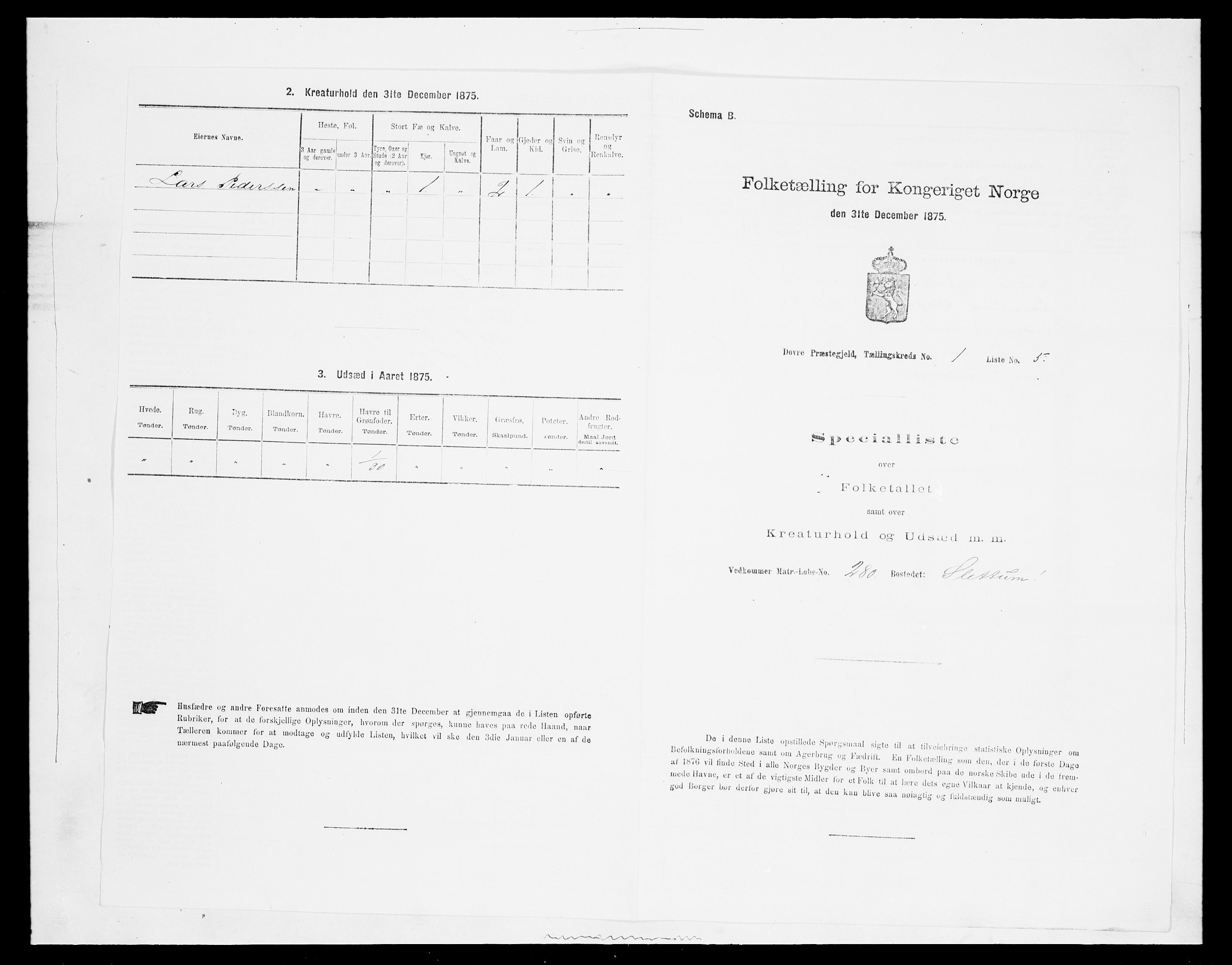 SAH, 1875 census for 0511P Dovre, 1875, p. 63