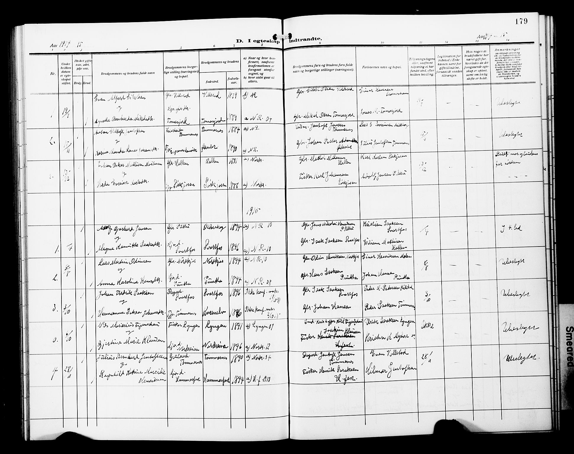 Skjervøy sokneprestkontor, AV/SATØ-S-1300/H/Ha/Hab/L0022klokker: Parish register (copy) no. 22, 1910-1926, p. 179