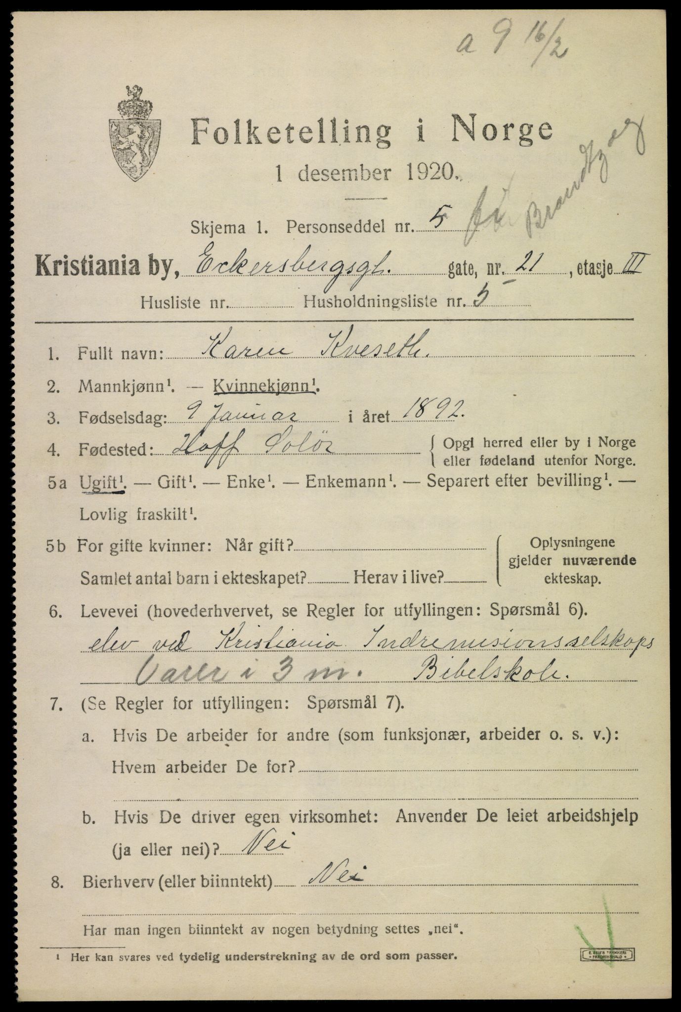 SAO, 1920 census for Kristiania, 1920, p. 208273