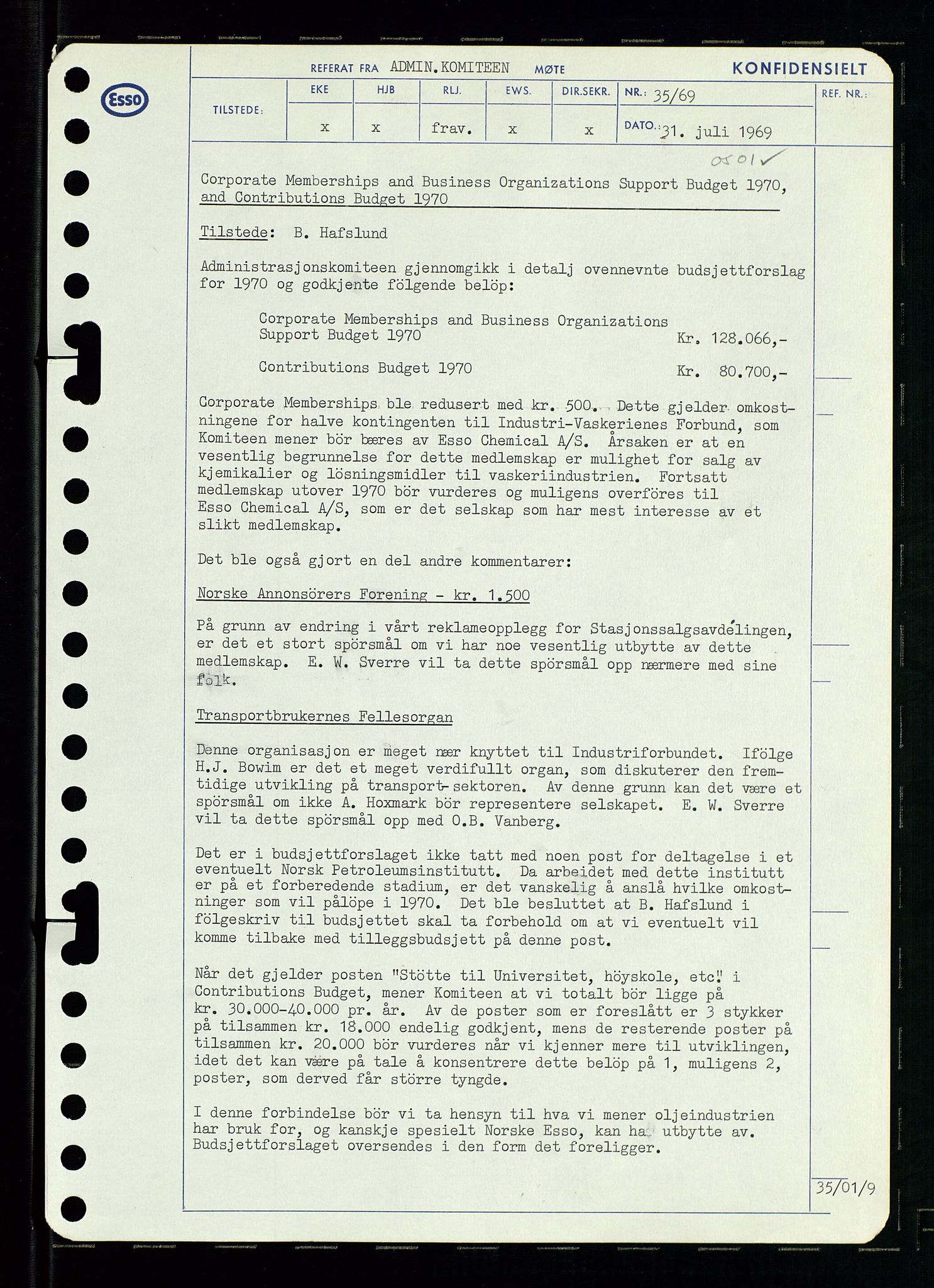 Pa 0982 - Esso Norge A/S, AV/SAST-A-100448/A/Aa/L0003/0001: Den administrerende direksjon Board minutes (styrereferater) og Bedriftforsamlingsprotokoll / Den administrerende direksjon Board minutes (styrereferater), 1969, p. 99