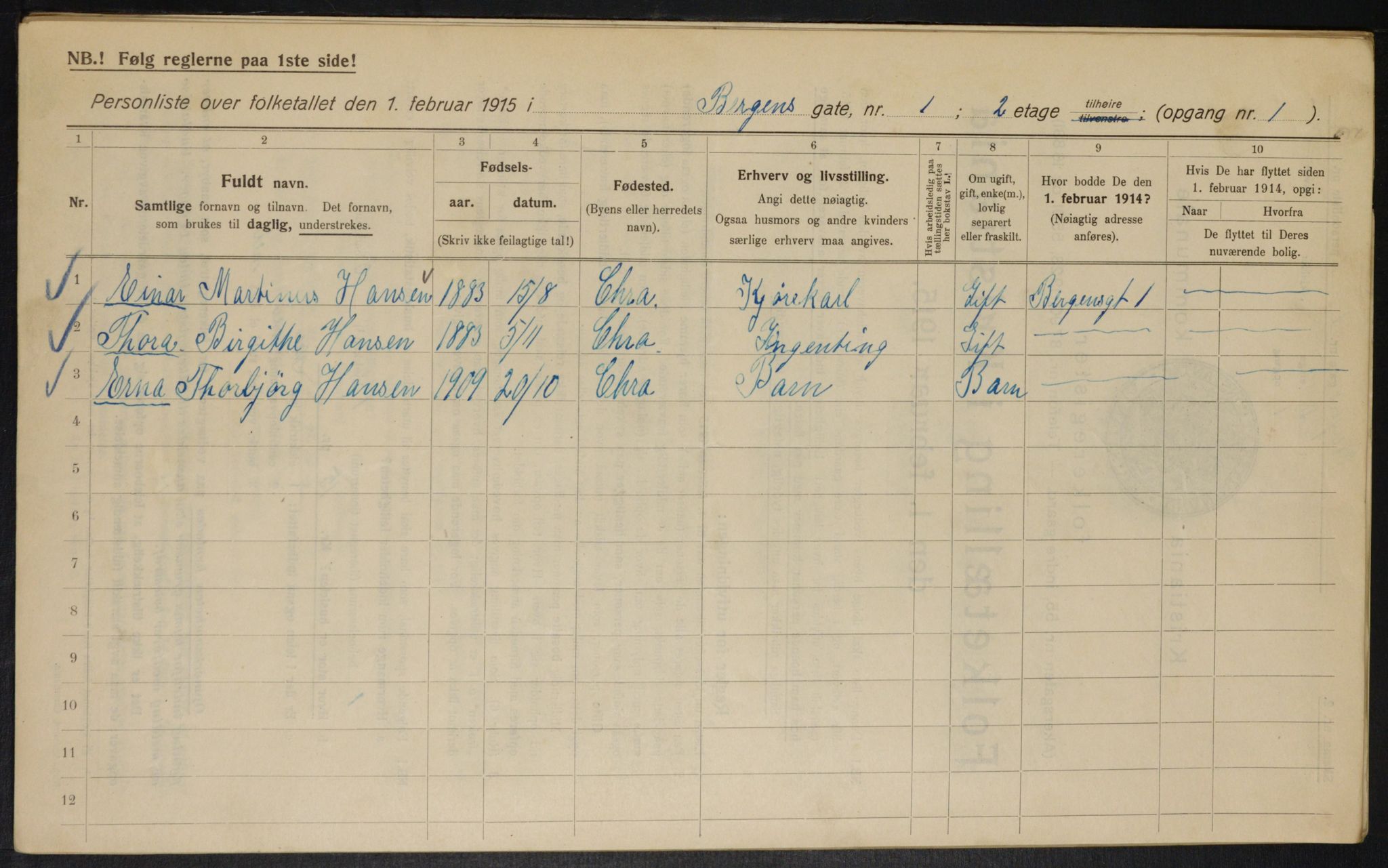 OBA, Municipal Census 1915 for Kristiania, 1915, p. 3760