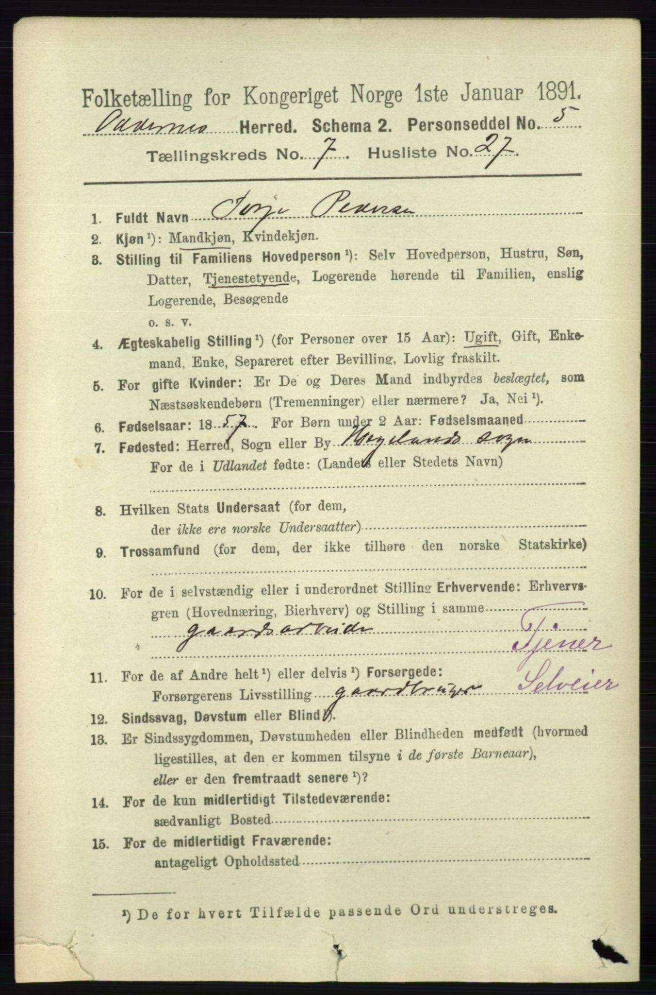 RA, 1891 census for 1012 Oddernes, 1891, p. 2630