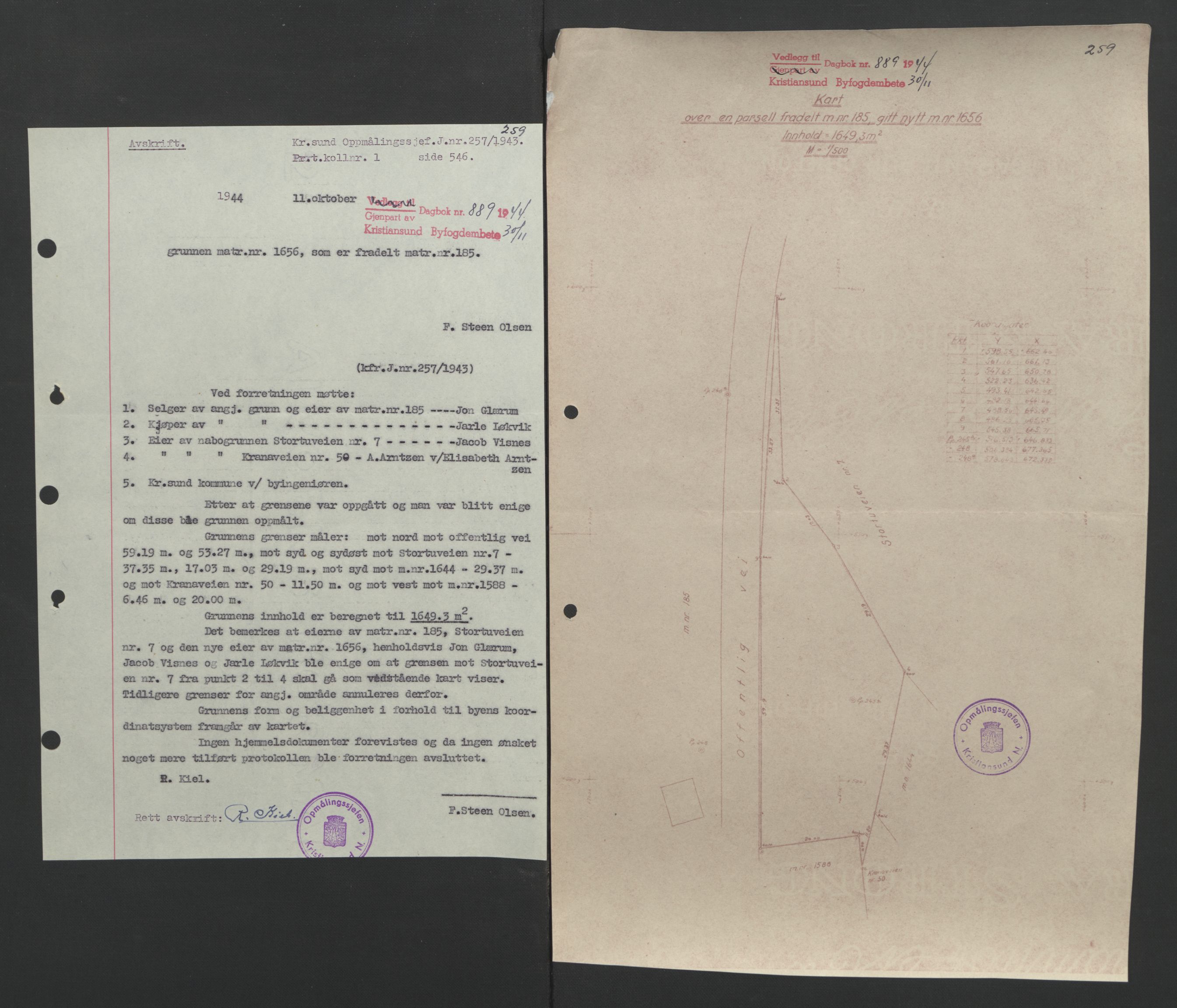 Kristiansund byfogd, AV/SAT-A-4587/A/27: Mortgage book no. 37, 1942-1945, Diary no: : 889/1944