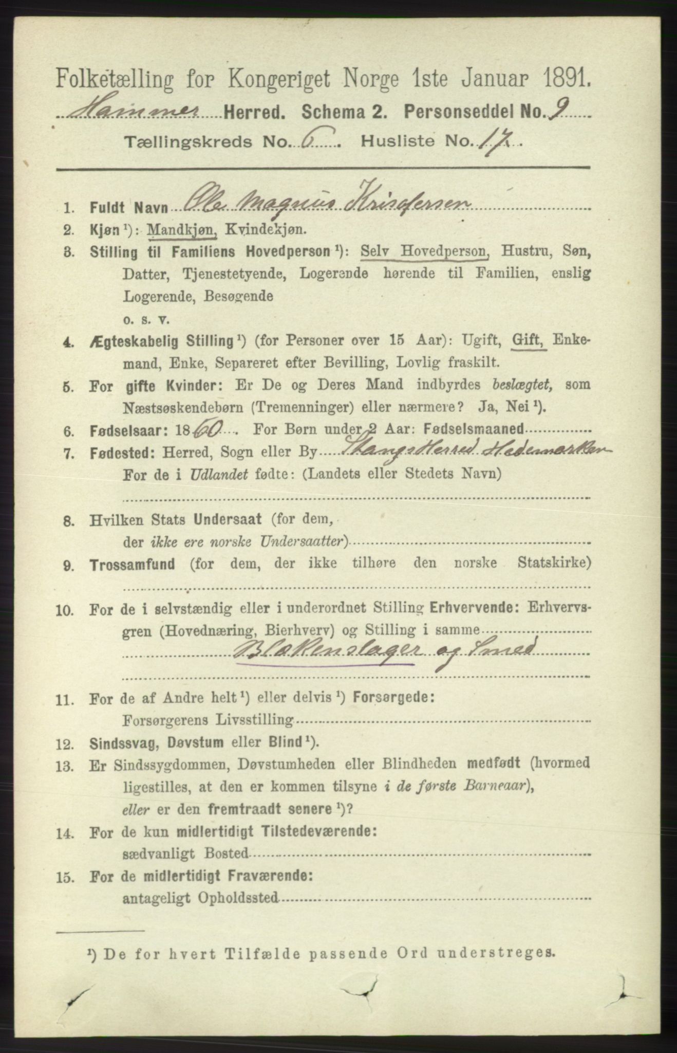 RA, 1891 census for 1254 Hamre, 1891, p. 1647