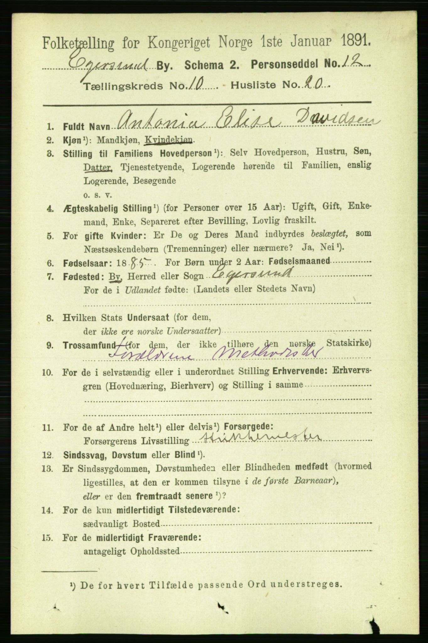 RA, 1891 census for 1101 Egersund, 1891, p. 1935